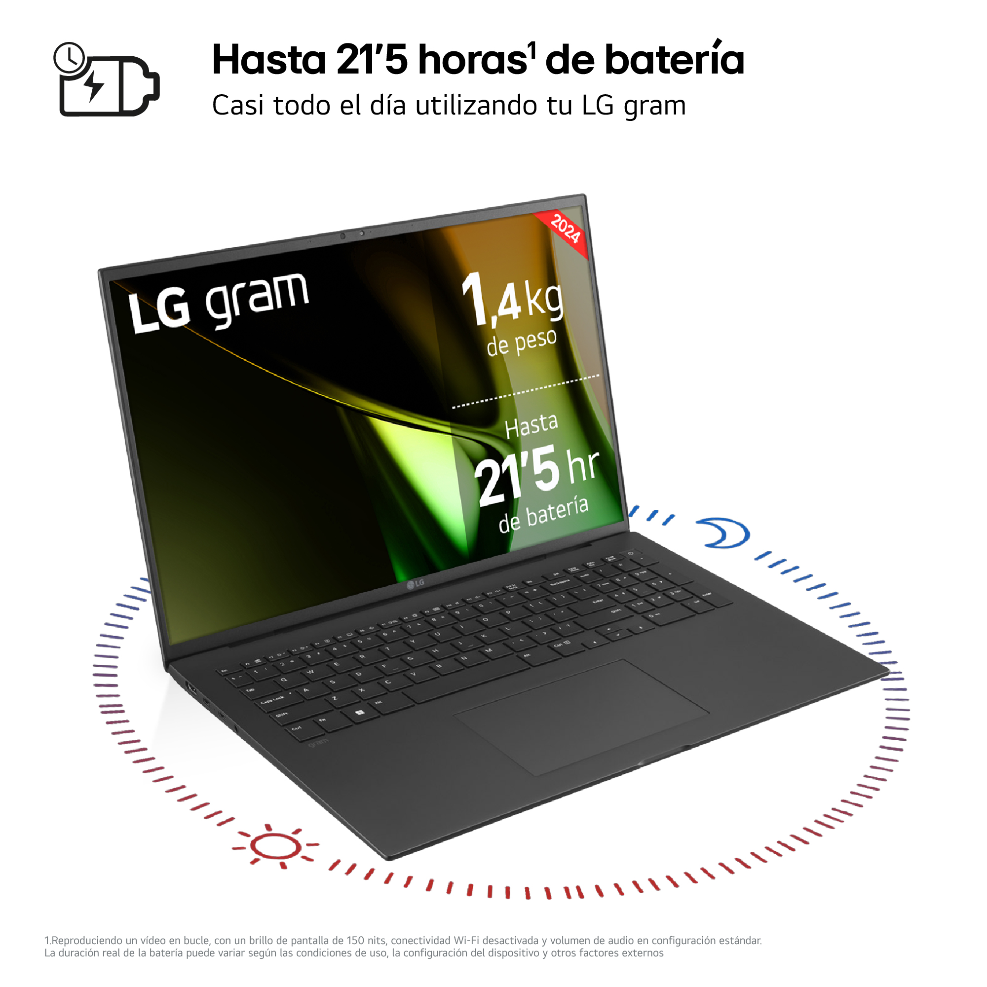 Un portátil negro sobre una superficie blanca. Texto: “Hasta 21,5 horas de batería.”