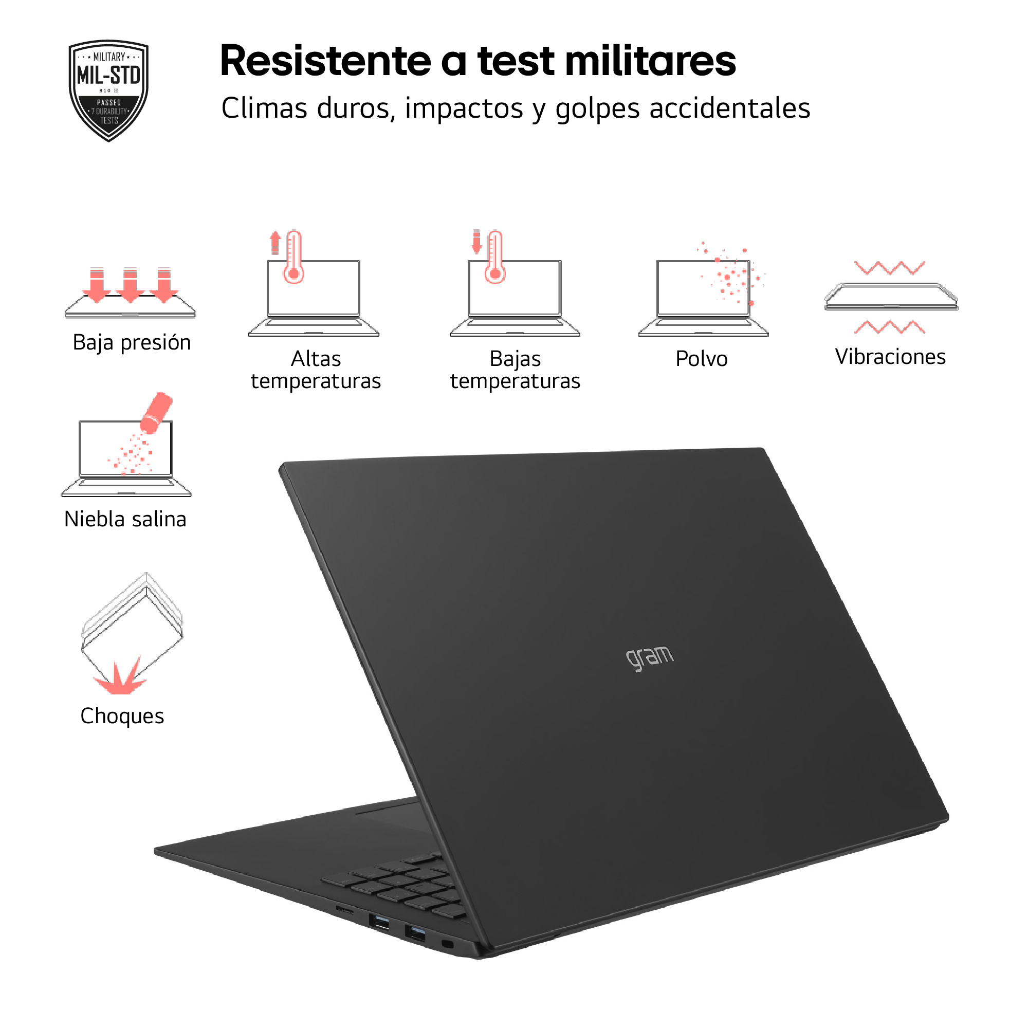 Ordenador portátil negro con texto. Iconos de durabilidad de grado militar. El portátil está abierto.