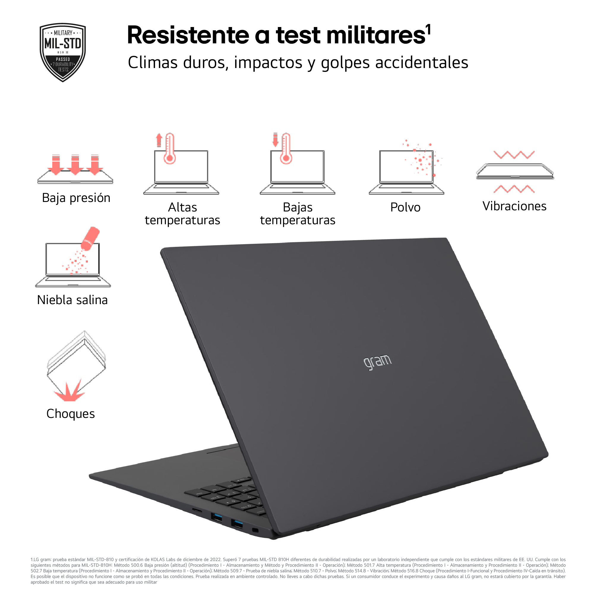 Laptop negro con iconos de prueba de presión, temperatura, polvo, vibración y golpes.