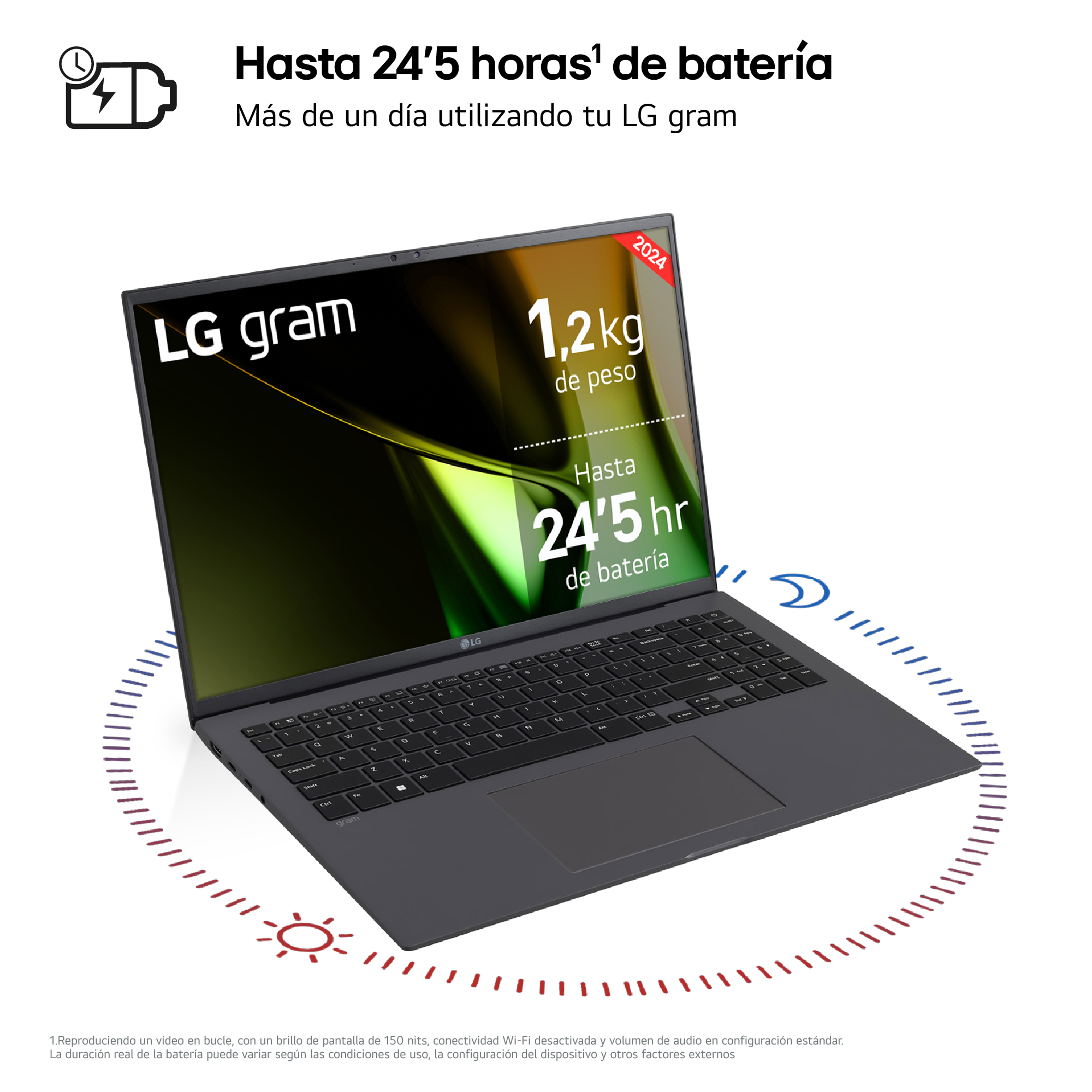 Un portátil con pantalla oscura está abierto. El texto menciona la duración de la batería y el peso.