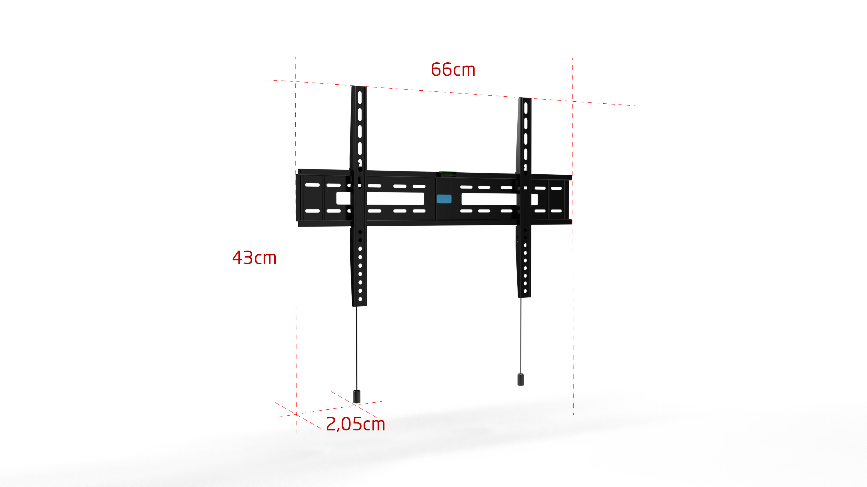 Schwarze TV-Wandhalterung, Maße mit roten gestrichelten Linien markiert.