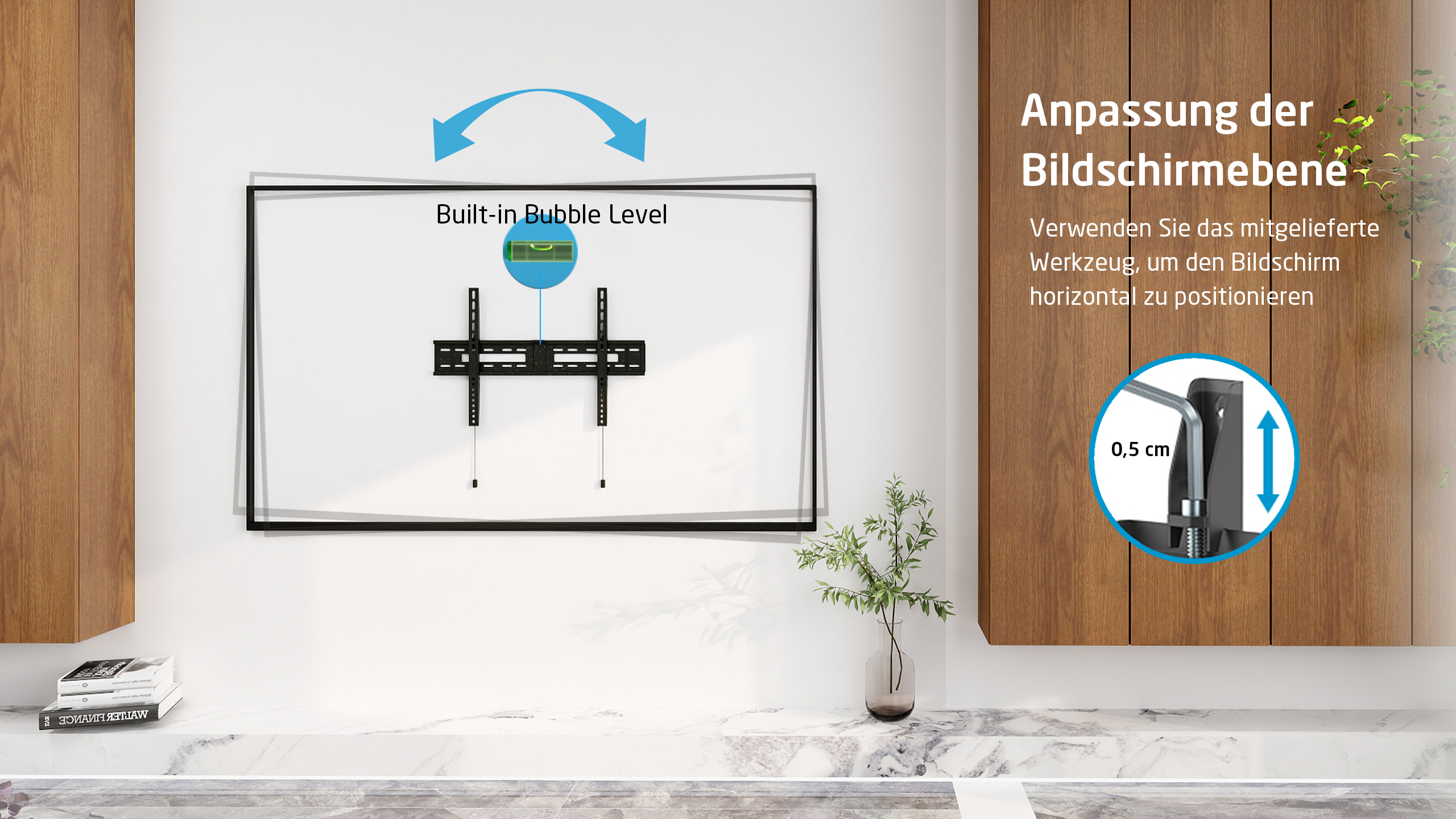 Ein Fernseher an einer weißen Wand mit Wasserwaage und Text zur Einstellung.