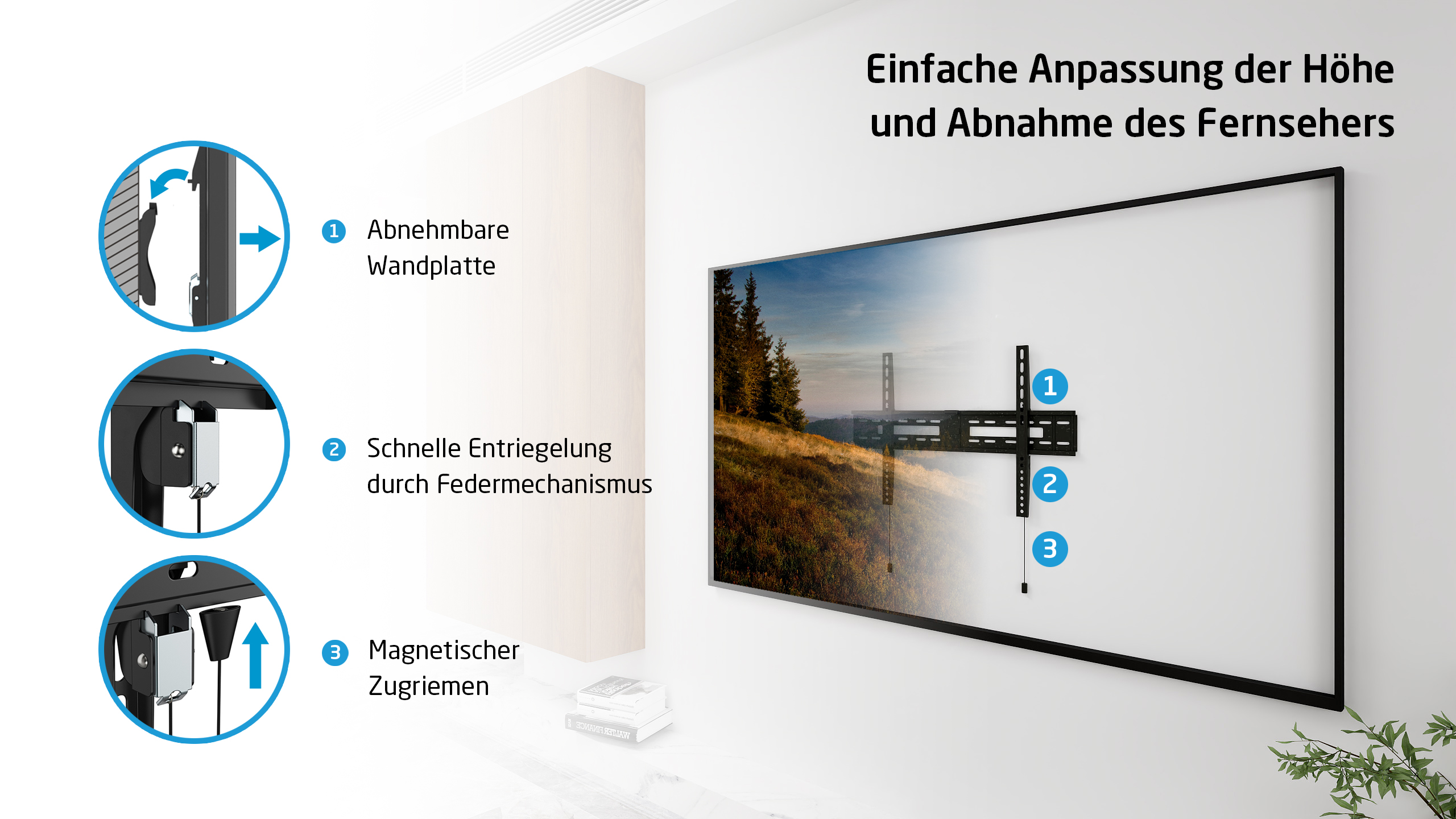 Diagramm zur TV-Montage. Zeigt Wand, Fernseher und Halterung. Erklärt den Montagevorgang.