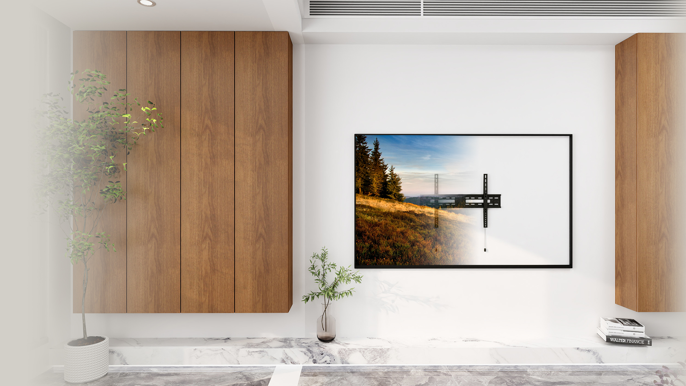 Weiße Wand mit Fernseher, Holzschrank und kleinen Pflanzen. Landschaftsansicht auf dem Fernseher.