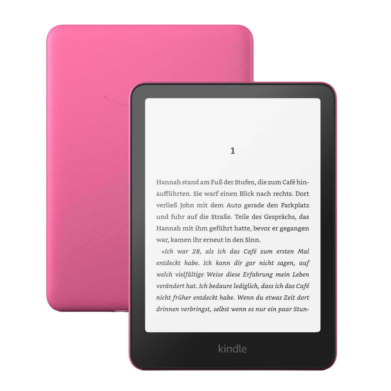 Rosa Kindle E-Reader, geöffnet auf einer Seite mit deutschem Text, mit dem Cover dahinter.