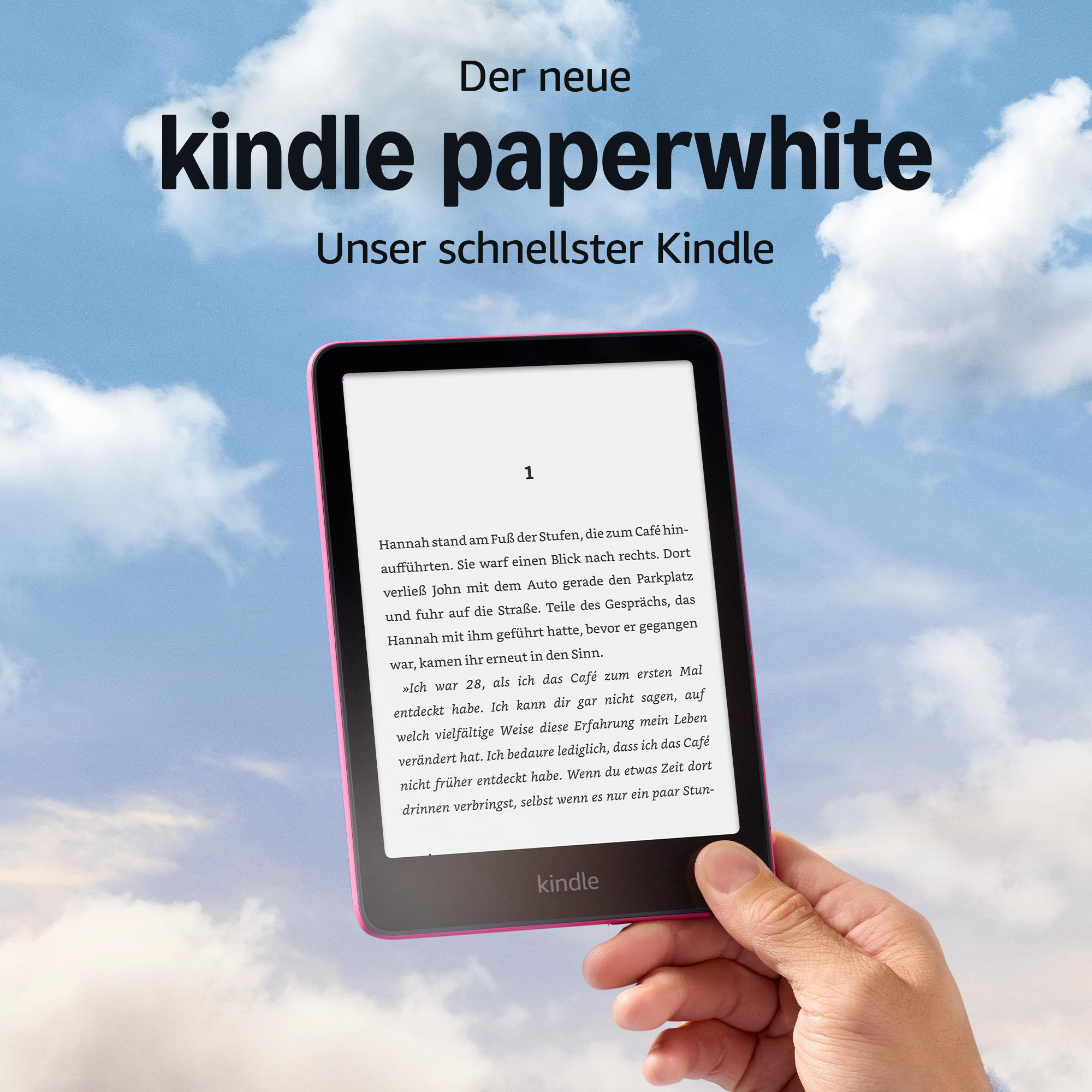 Person hält einen pinkfarbenen Kindle Paperwhite. Der Bildschirm zeigt Text vor einem Hintergrund mit Wolkenhimmel.