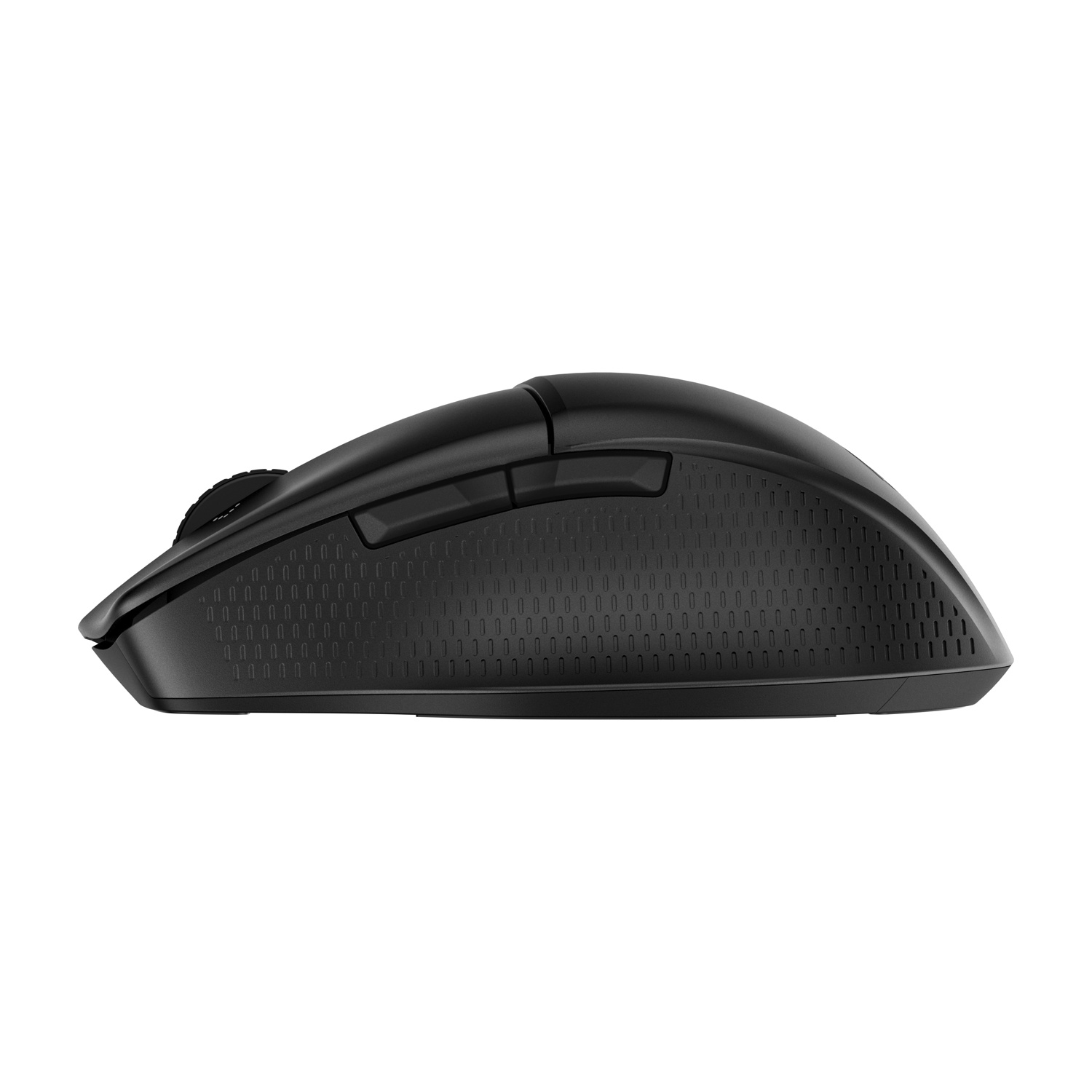 Mouse nero con superficie strutturata e pulsanti.