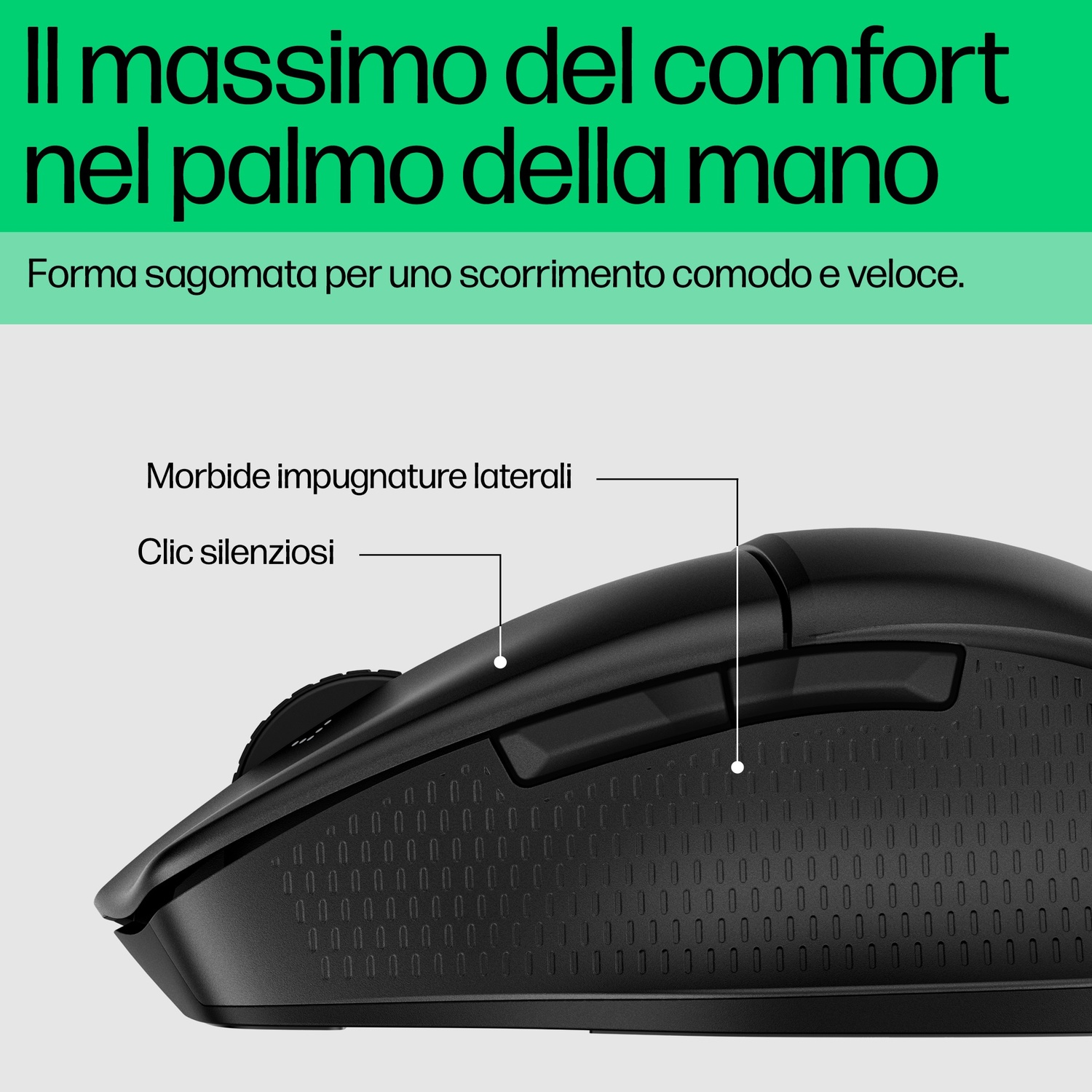 Mouse per computer nero con impugnature laterali etichettate e clic silenziosi, su una superficie bianca.