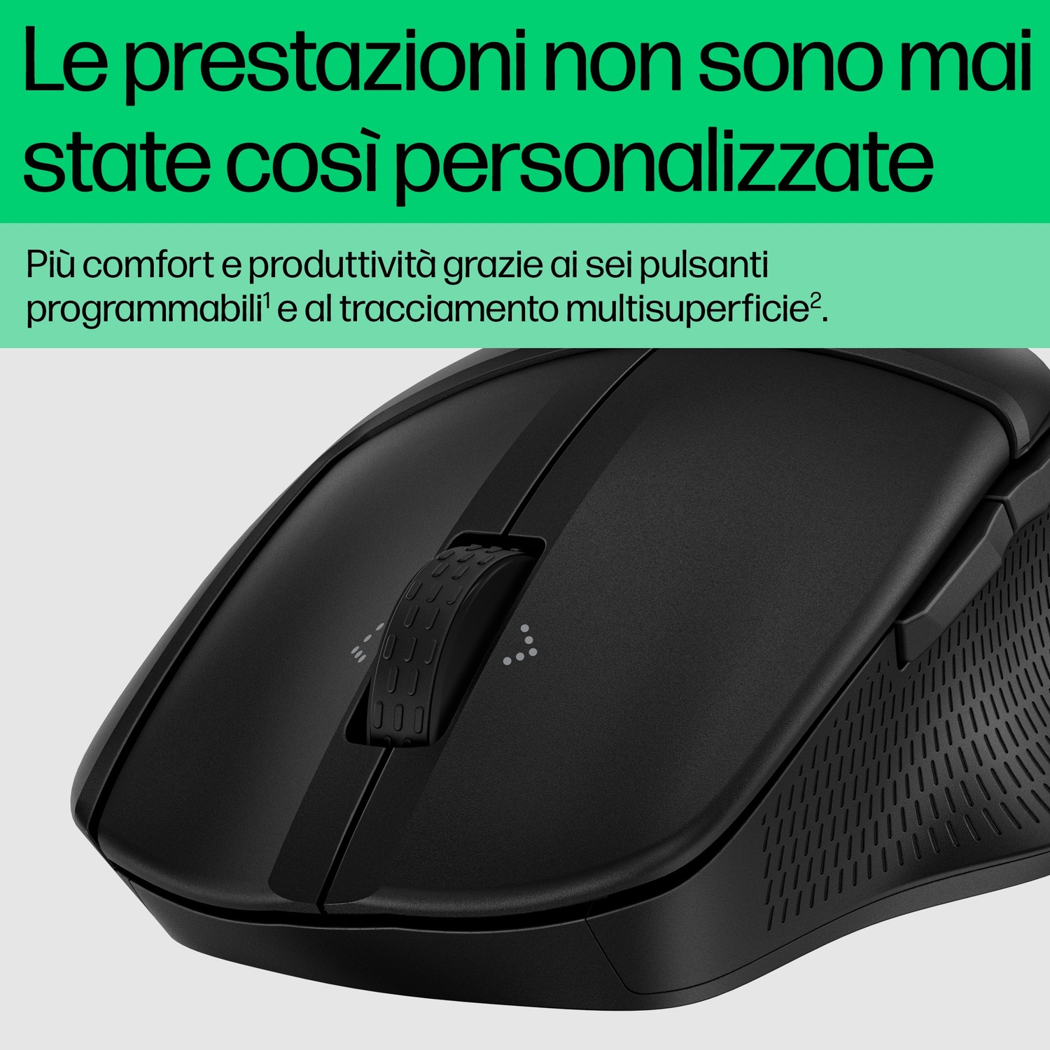 Mouse nero con pulsanti, rotella e testo su comfort e personalizzazione.