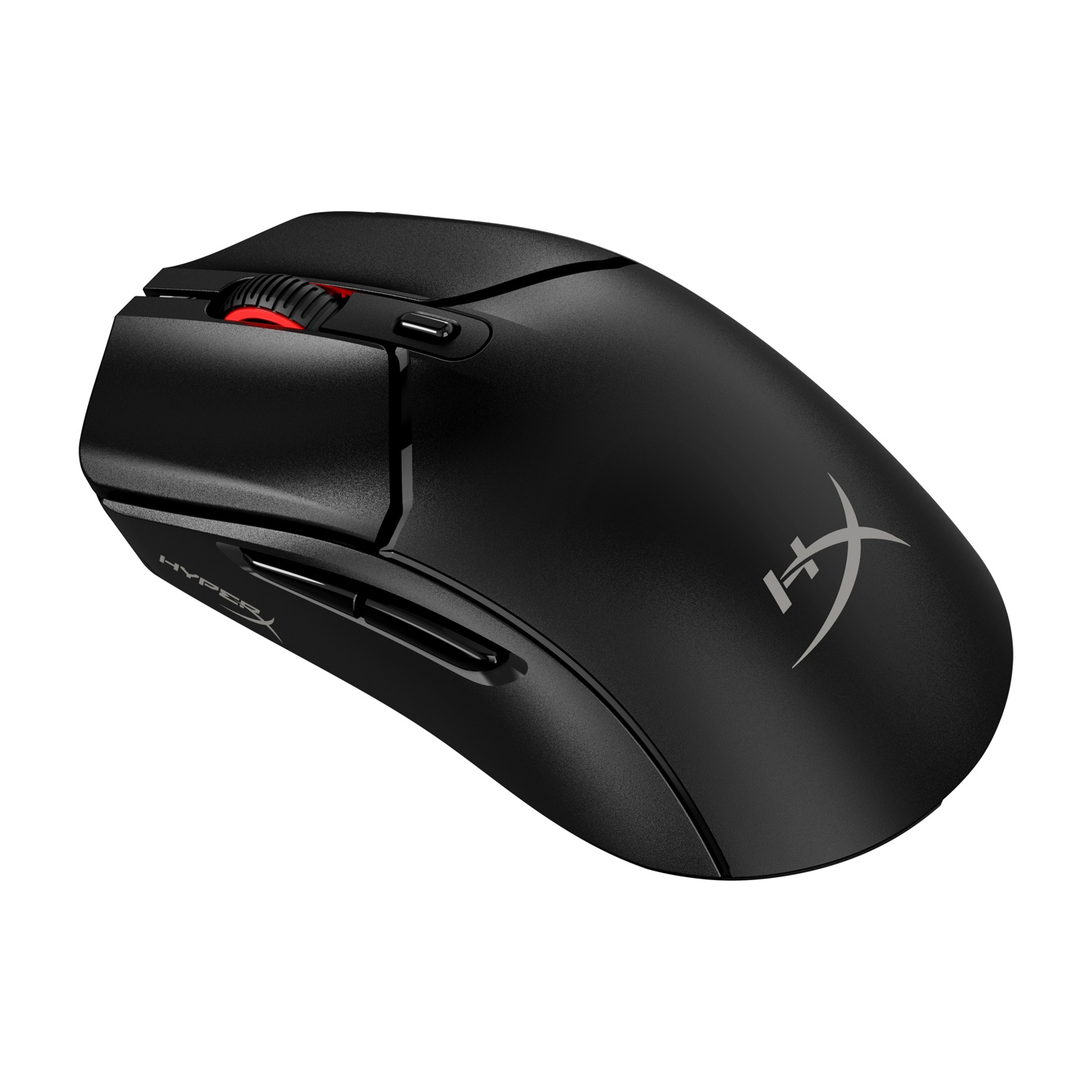Un mouse da gaming HyperX nero con una rotella rossa. Il logo HyperX è visibile.