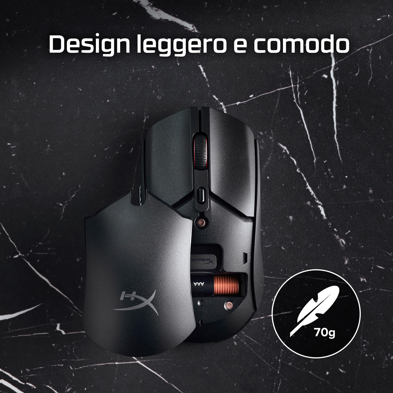 Mouse da gaming wireless nero con pannello laterale rimovibile su marmo.