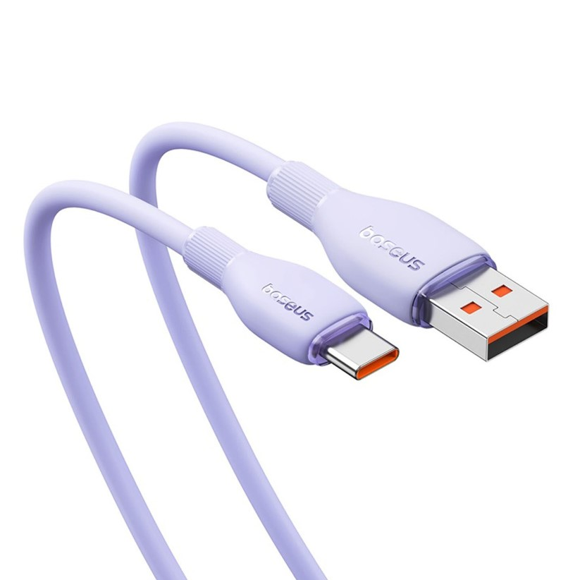 Beyaz zemin üzerinde turuncu USB konektörlü mor USB-C kablosu. 'baseus' metni görünür.