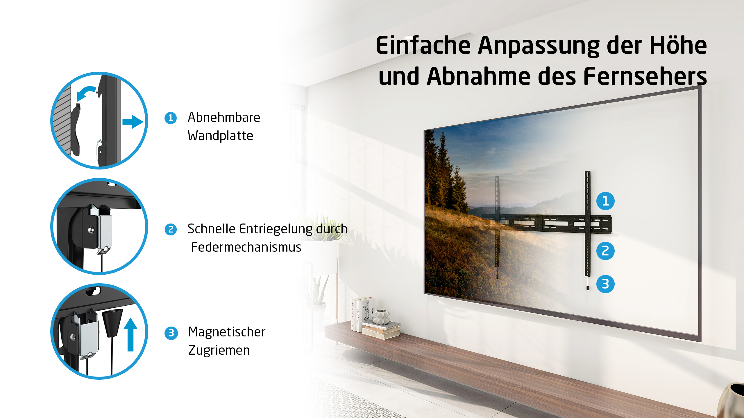 TV an der Wand, mit Montageschritten. Schwarze TV-Halterung.