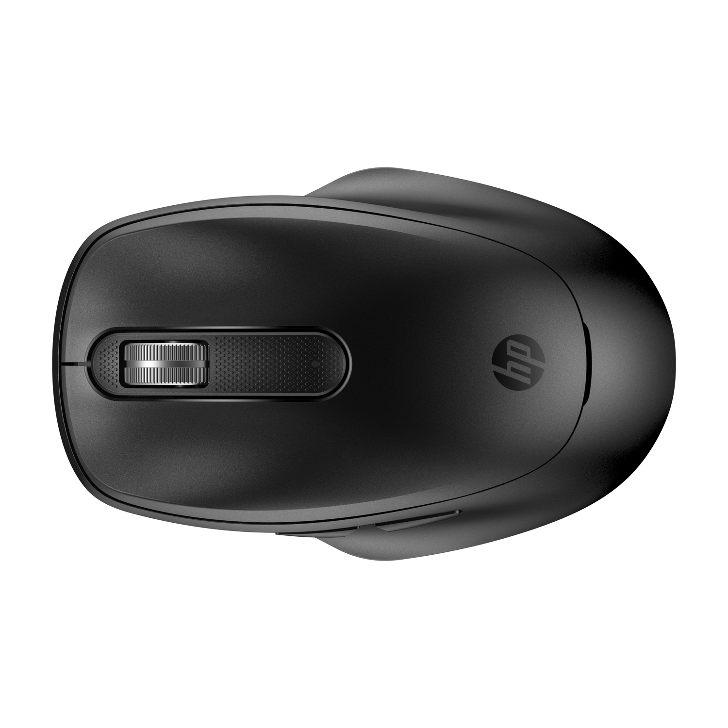 Mouse HP nero. Vista dall'alto, presenta una rotella di scorrimento e il logo HP.