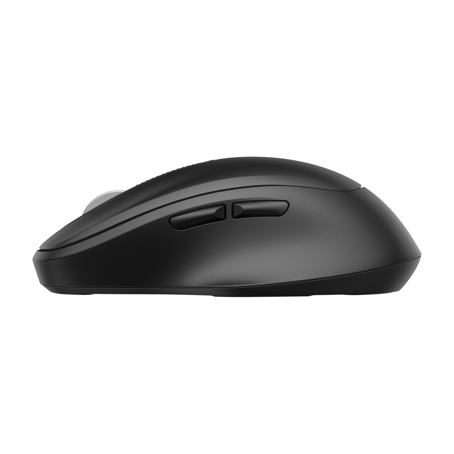 Un mouse nero con due pulsanti e una rotella di scorrimento su sfondo bianco.