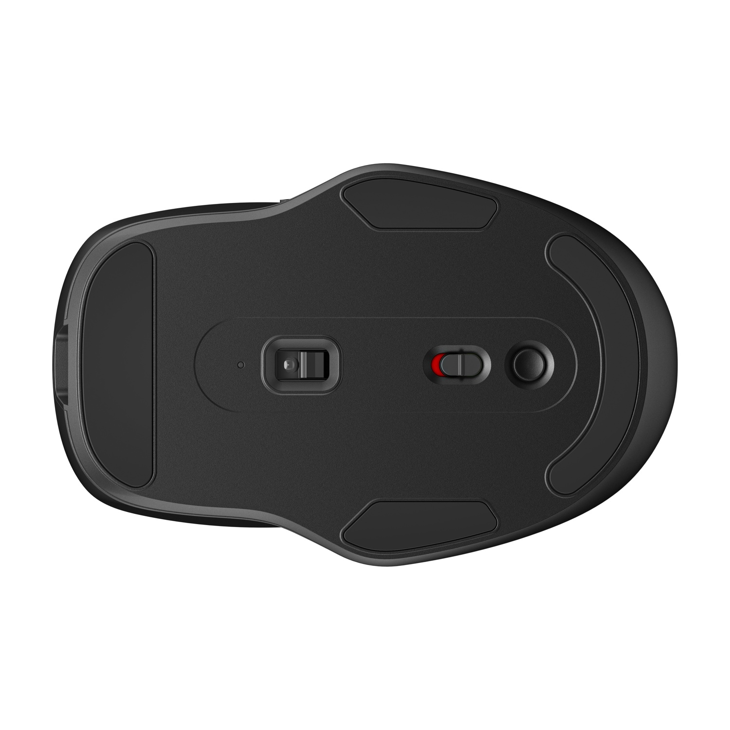 Vista inferiore di un mouse wireless nero. Ha un interruttore di alimentazione, un pulsante e un sensore.