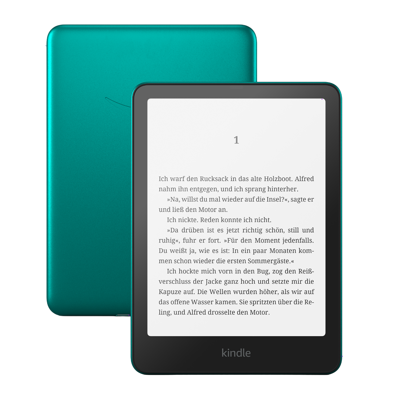 Türkisfarbener Kindle-E-Reader mit einem aufgeschlagenen Buch auf dem Bildschirm. Ein zweiter Kindle befindet sich dahinter.