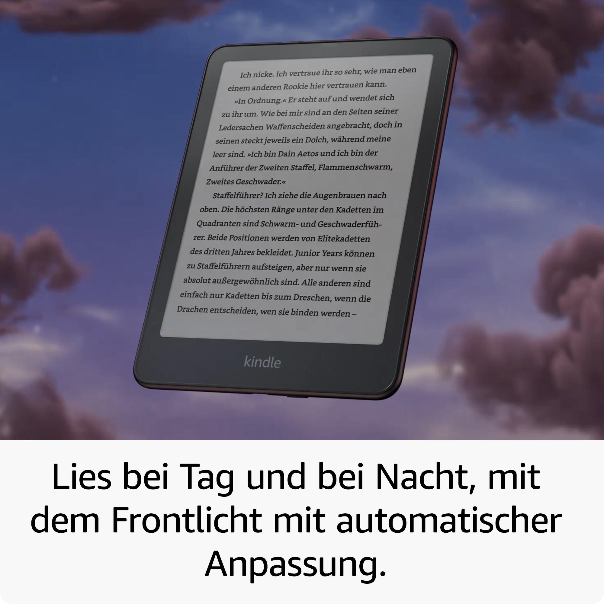 Kindle E-Reader mit Text, mit Text: "Lesen bei Tag und Nacht...".