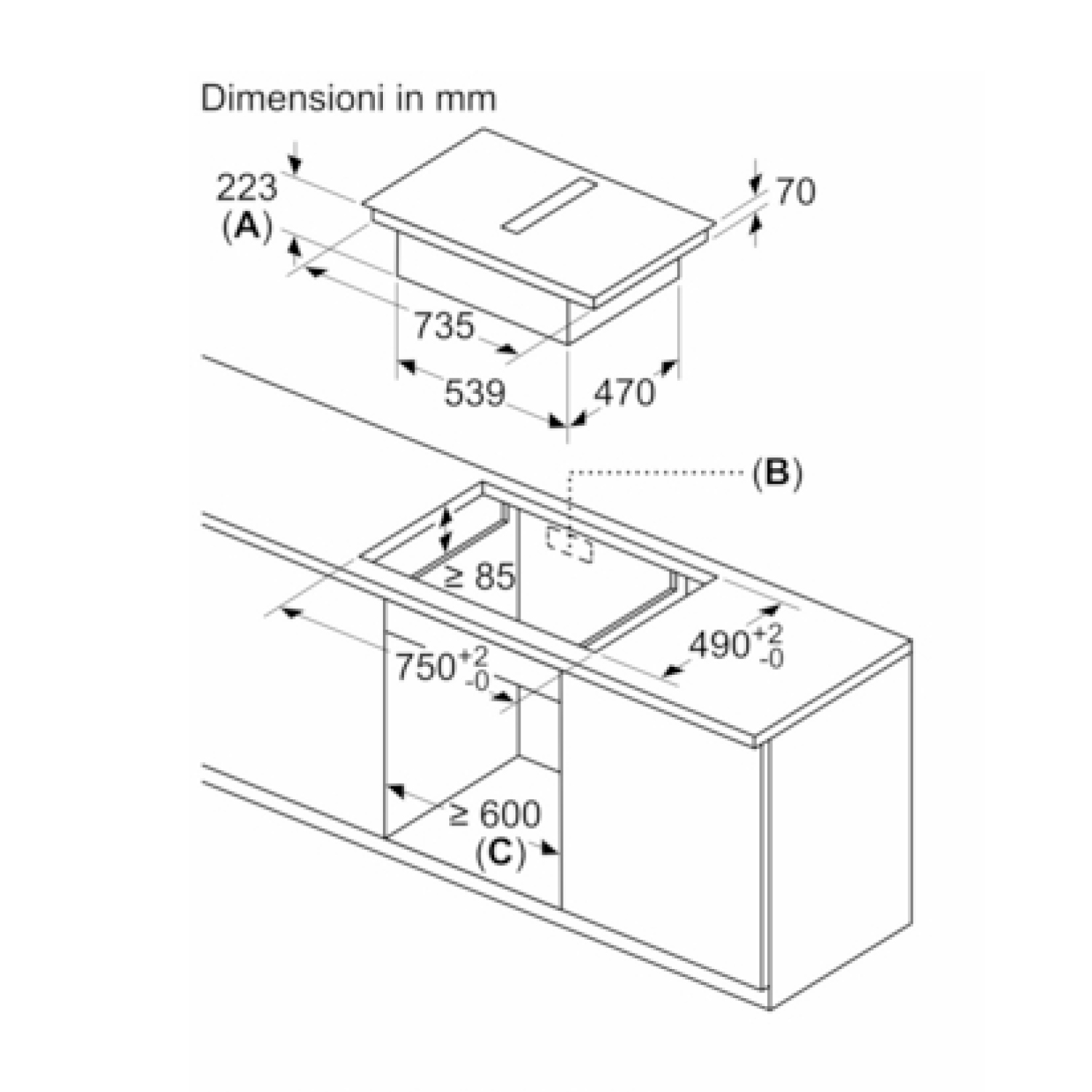 Disegno tecnico di una cappa da cucina con dimensioni in mm.