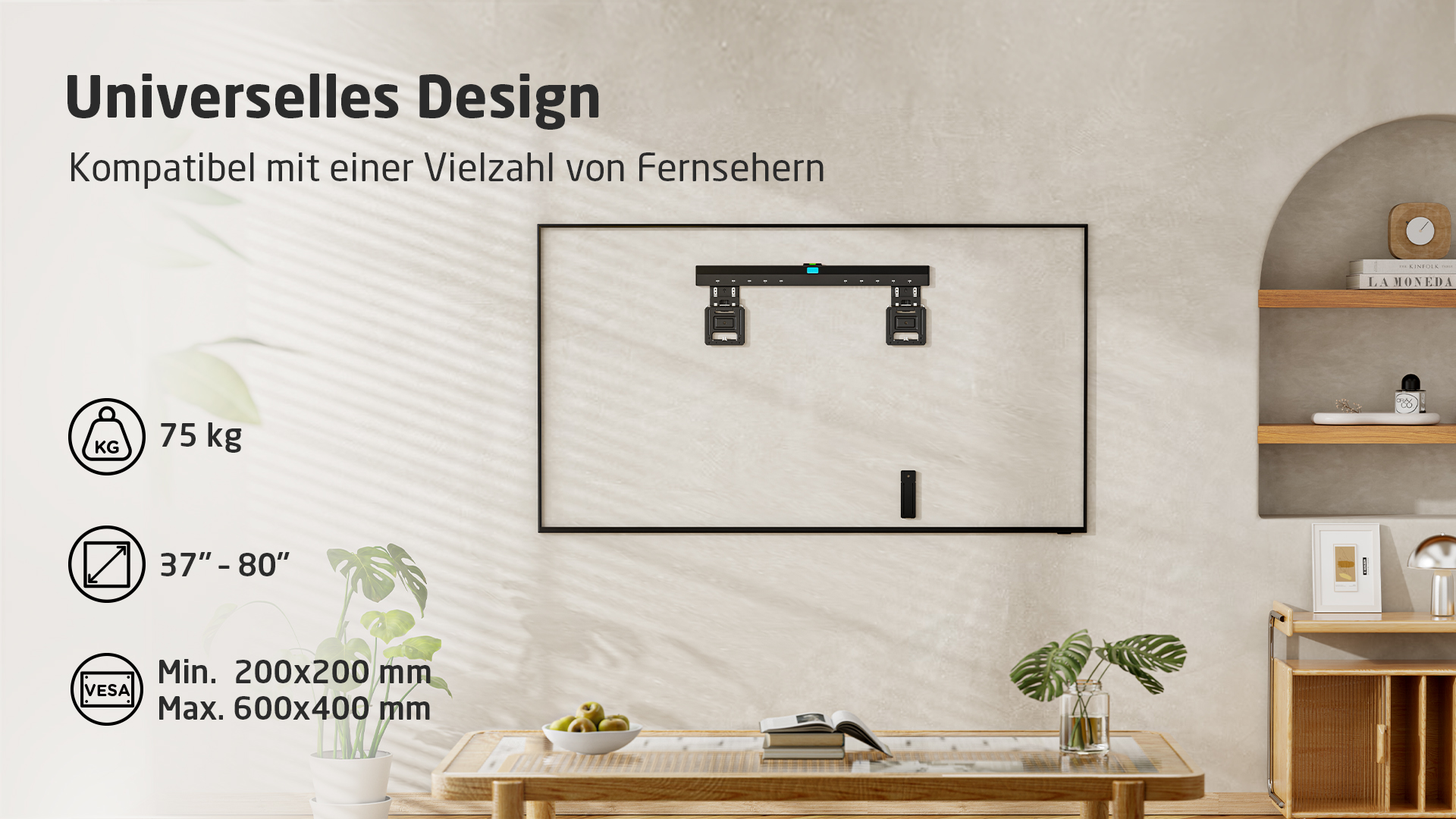 TV-Halterung an der Wand, mit Spezifikationen wie Gewicht, Größe und VESA-Kompatibilität.