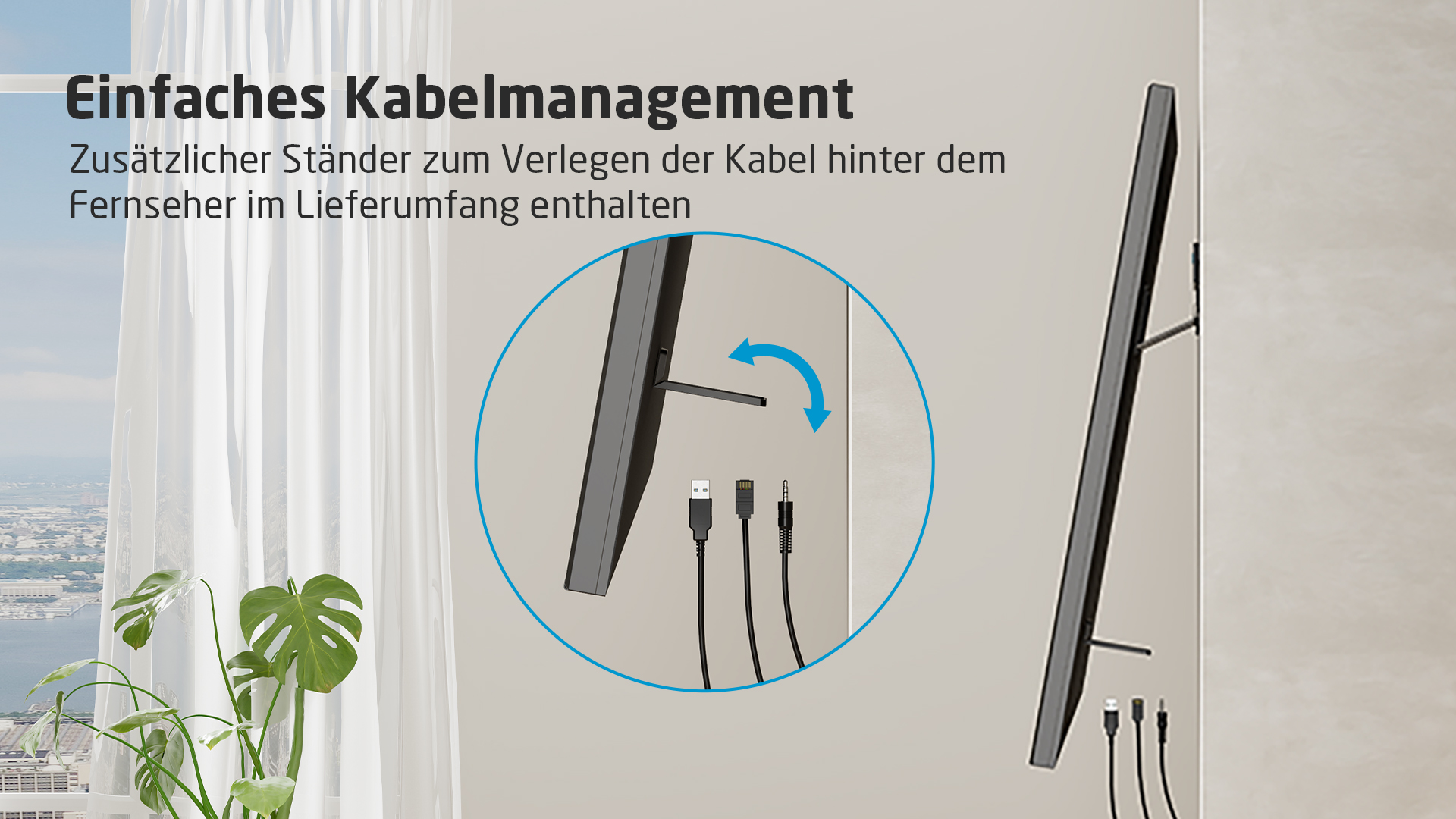 Ein Fernseher, der Kabel und eine weiße Wand zeigt. Der Fernseher ist geneigt und zeigt Kabelanschlüsse.