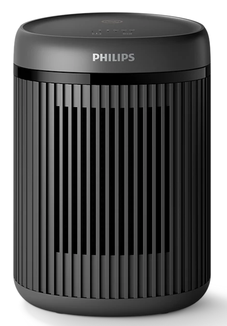 Fekete Philips légtisztító, hengeres, függőleges vonalakkal, sötét háttér előtt.