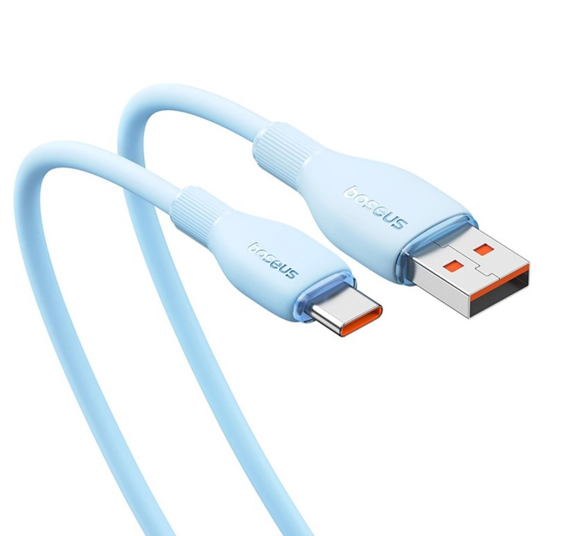 USB-C ve USB-A konektörlü mavi USB kablosu.