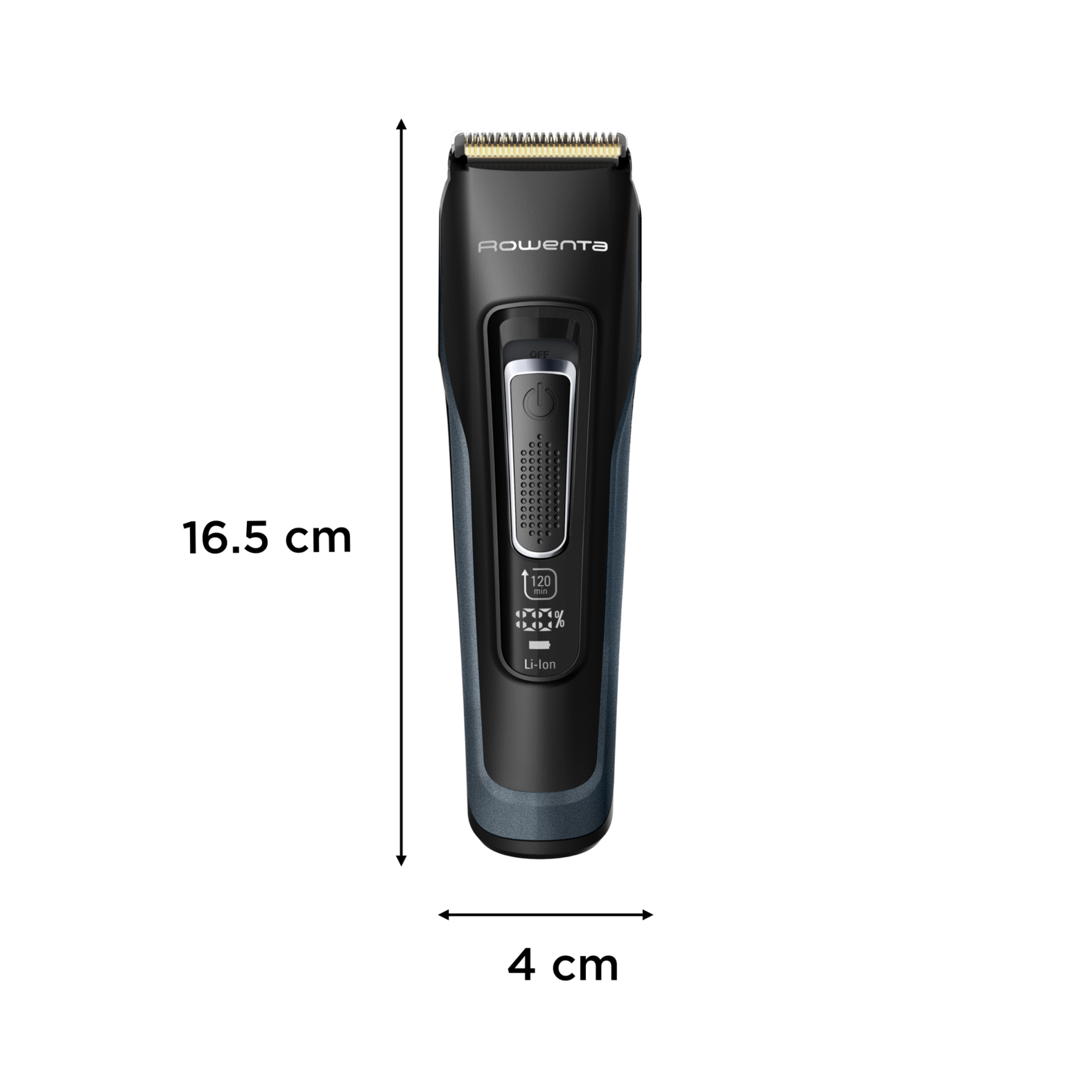 Fekete-szürke hajvágó, méretekkel: 16,5 cm hosszú, 4 cm széles. Fehér háttér.