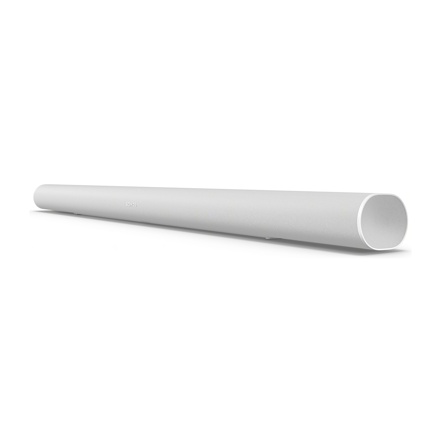 Soundbar Sonos bianca su sfondo bianco, design cilindrico, forma allungata.