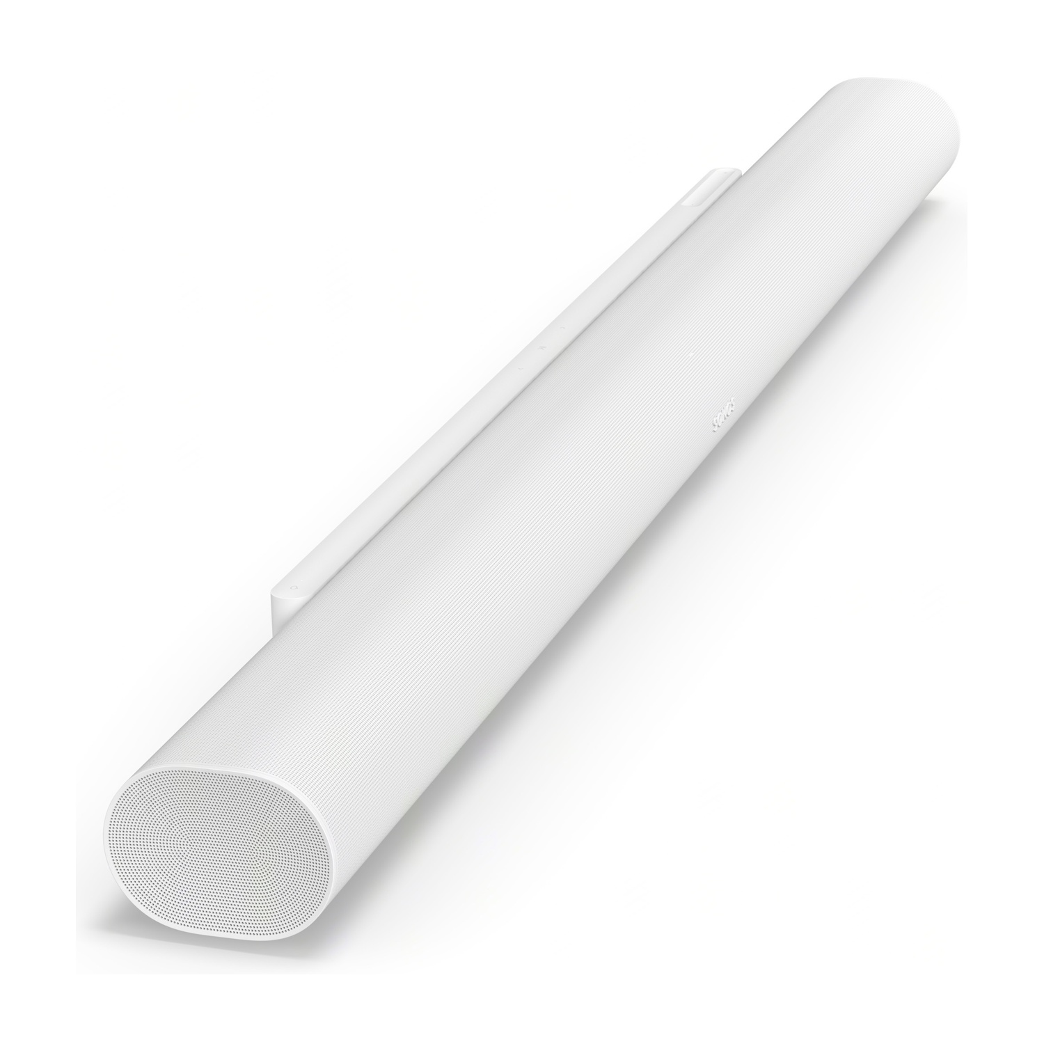 Soundbar bianca e cilindrica con una base lunga e rettangolare, su sfondo bianco.