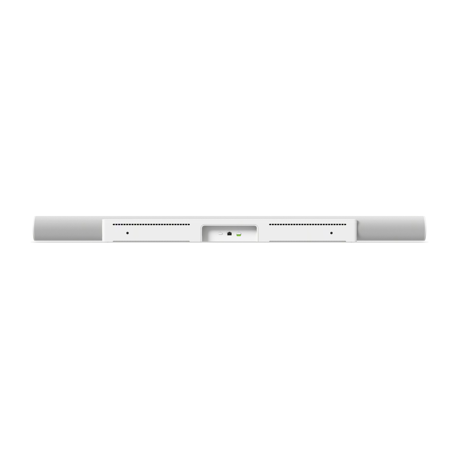 Una soundbar bianca e lunga con un pannello centrale, mostrata su sfondo bianco.