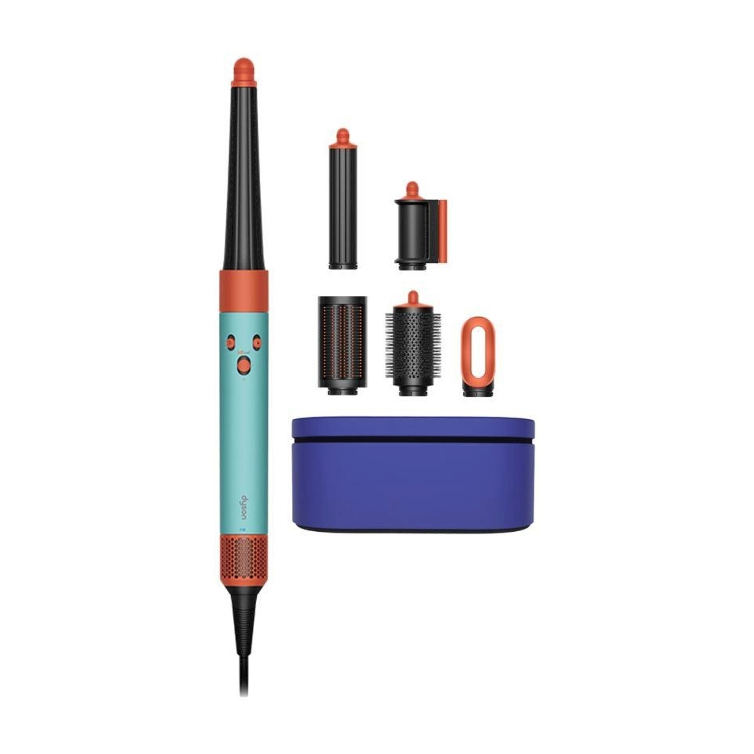 Set di strumenti per lo styling dei capelli. Include un asciugacapelli verde acqua e arancione, accessori e custodia blu.