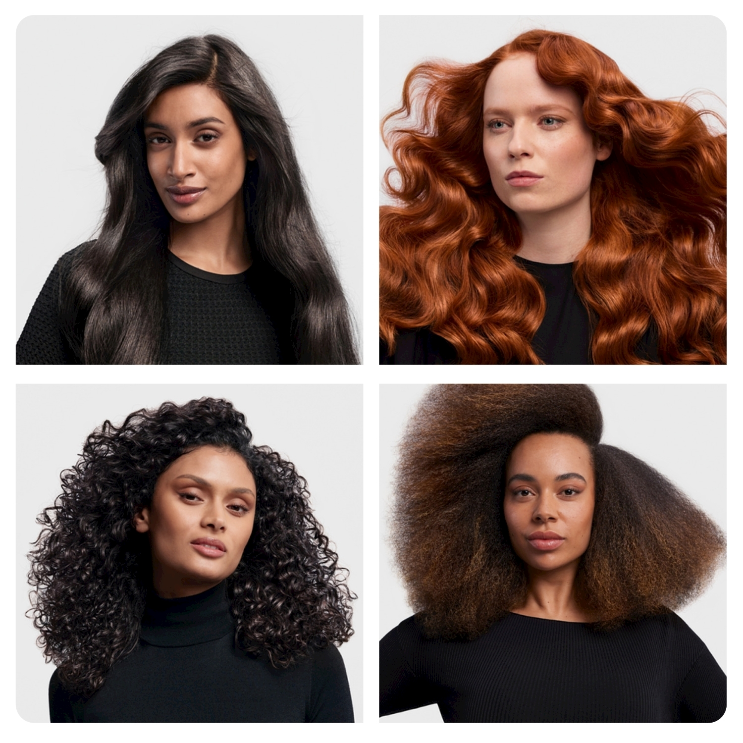 Quattro donne con diversi colori e stili di capelli in una griglia. Capelli neri, rossi, ricci e castani.