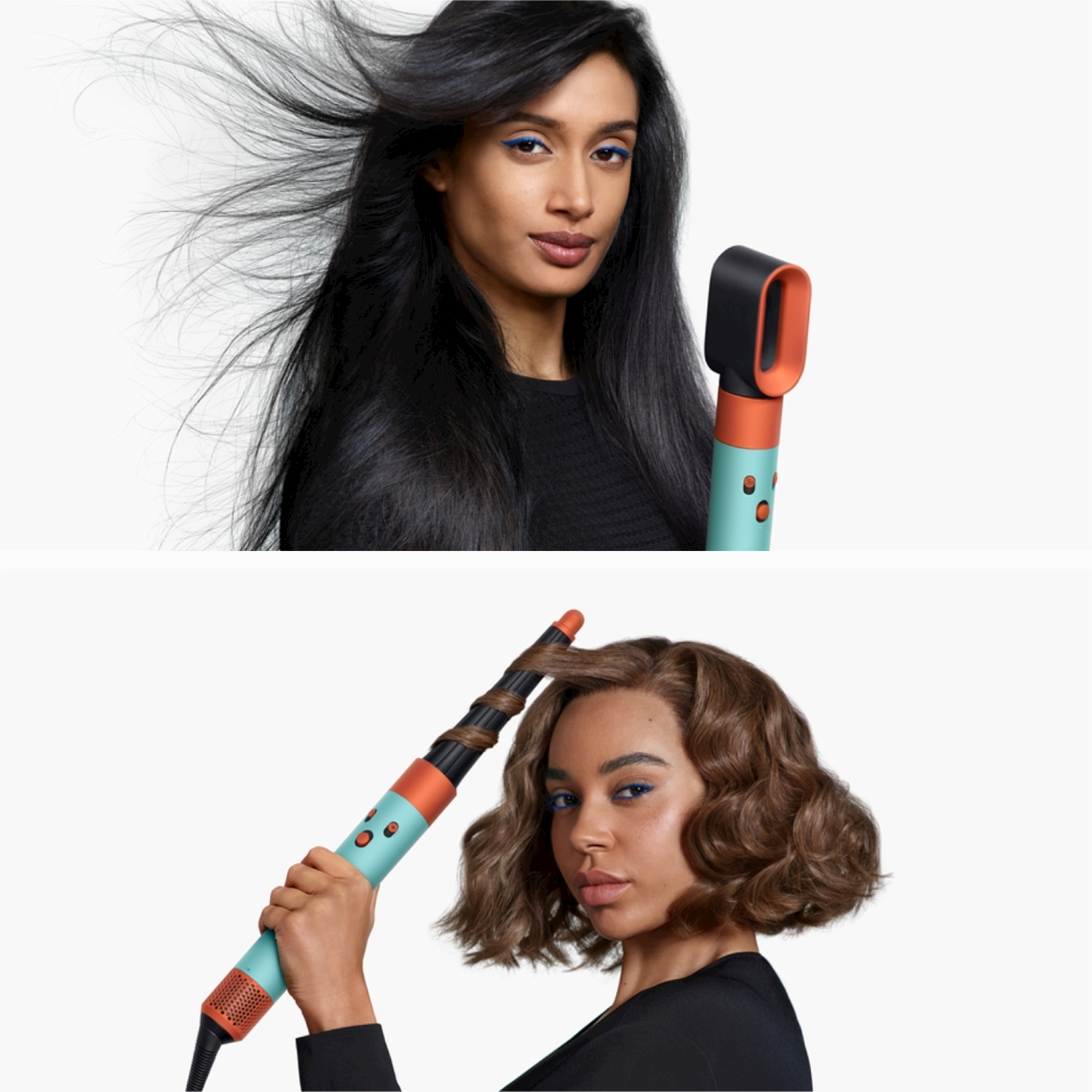Due donne, una con capelli fluenti, l'altra con capelli ricci, usano uno strumento per capelli turchese e arancione.