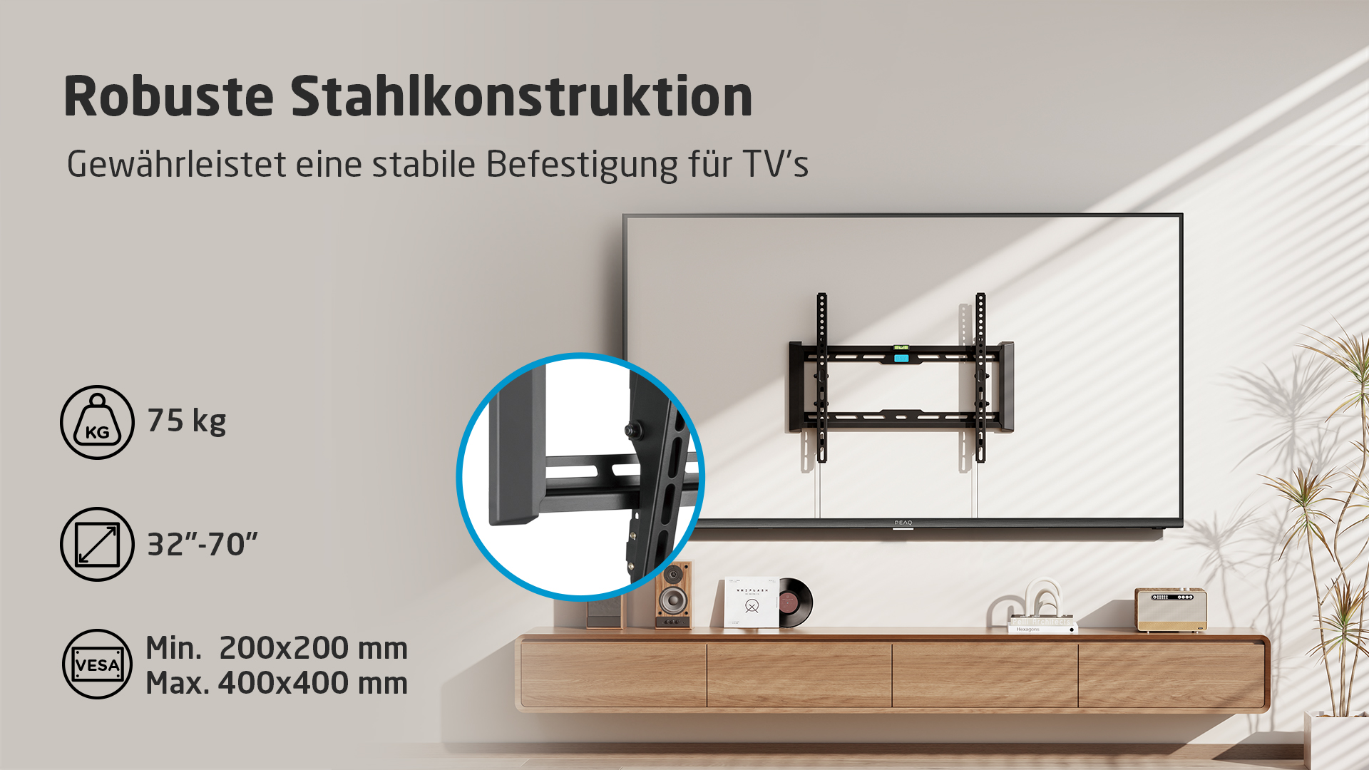 TV-Halterung an der Wand, mit Spezifikationen und Holztisch davor.