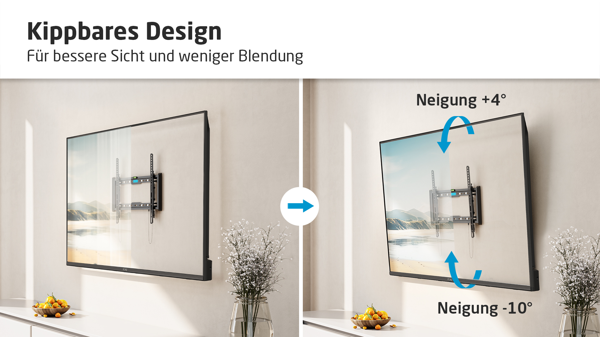 Zwei Bilder, die eine TV-Halterung mit einstellbarer Neigung zeigen, mit dem Fernseher an der Wand montiert.