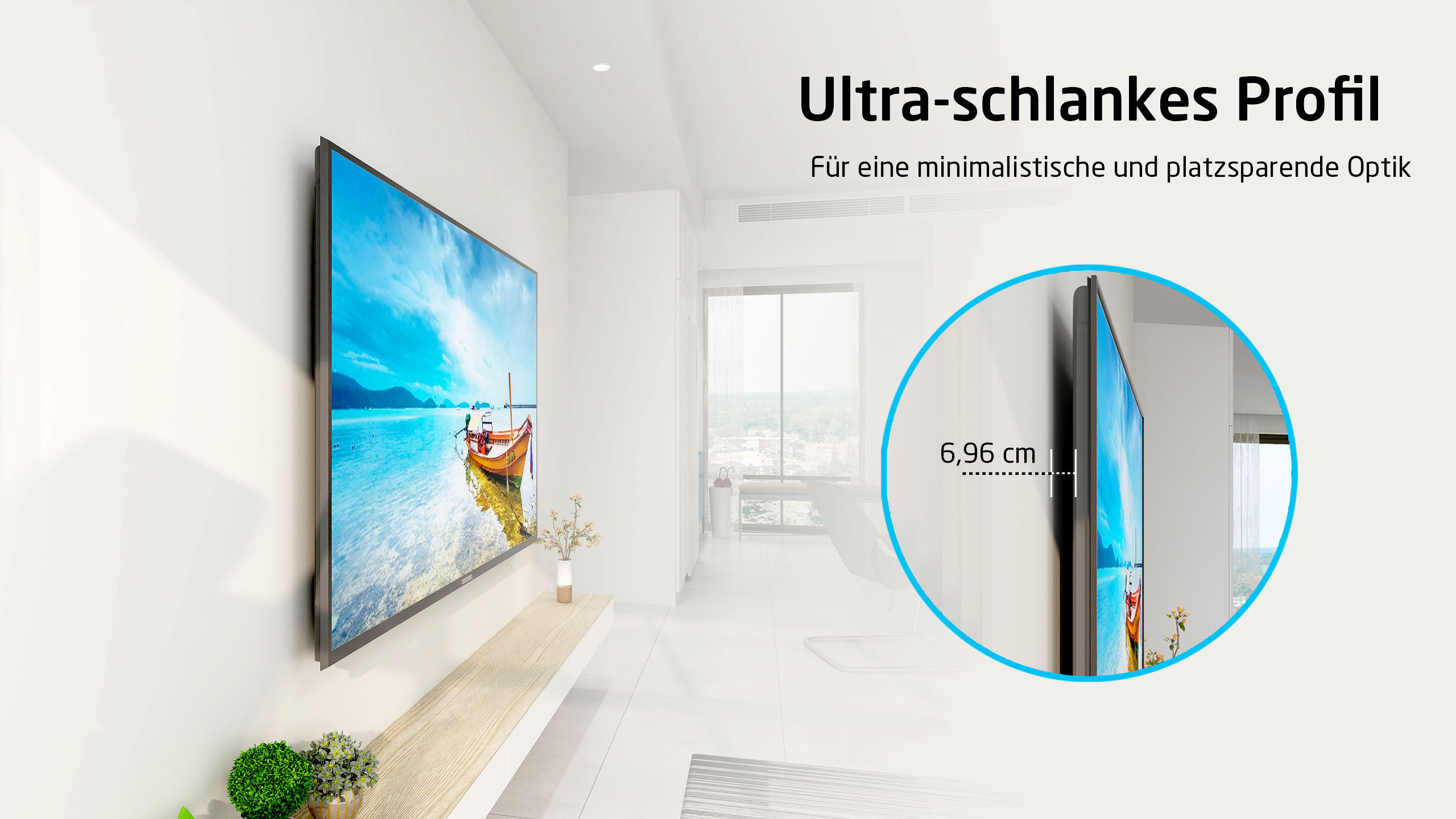 Wandmontierter Fernseher, Detail des Seitenprofils mit Messung.