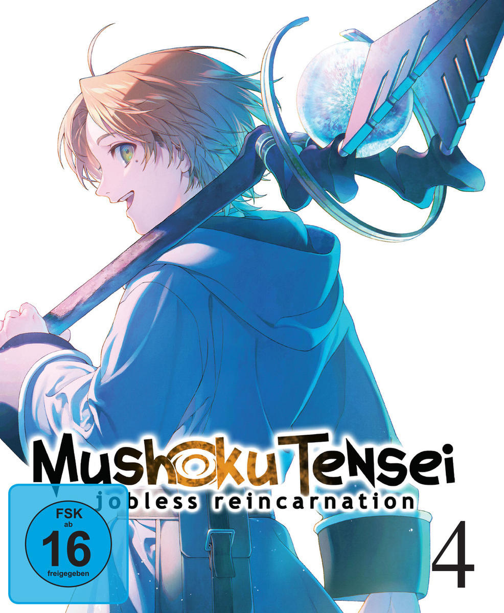 Manga-Cover. Anime-Junge mit blauem Mantel, hält Stab, mit Titel.