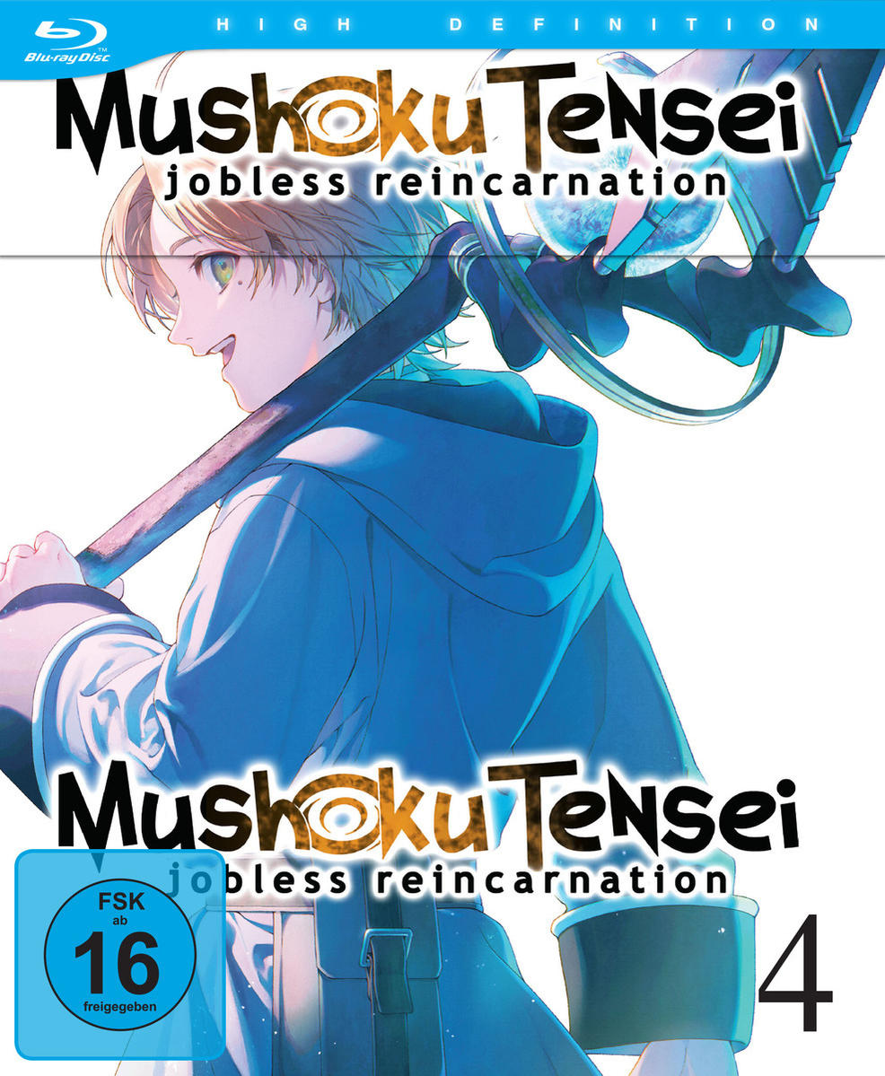 Anime Blu-ray-Cover für 'Mushoku Tensei', ein Mann mit Schwert und blauem Hintergrund.