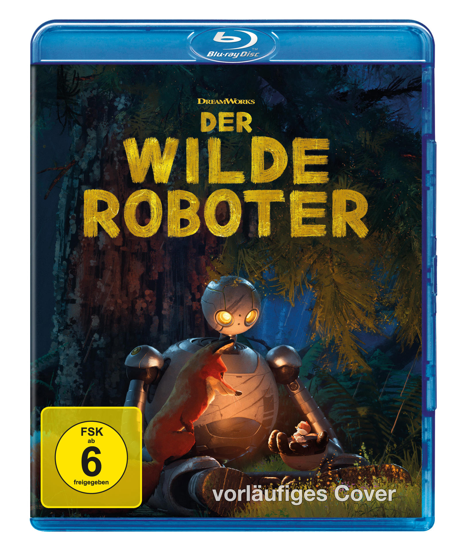 Der Wilde Roboter Blu-ray-Cover mit Roboter, Fuchs und Waldlandschaft.