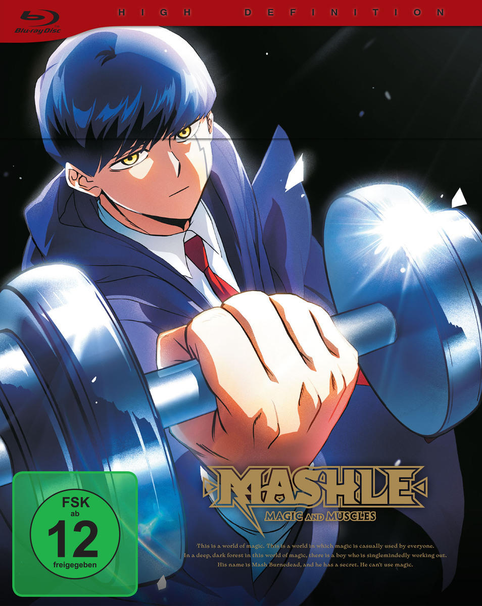 MASHLE: Magic and Muscles Anime-Cover. Junge hält Gewichte. FSK 12 Logo. High Definition.