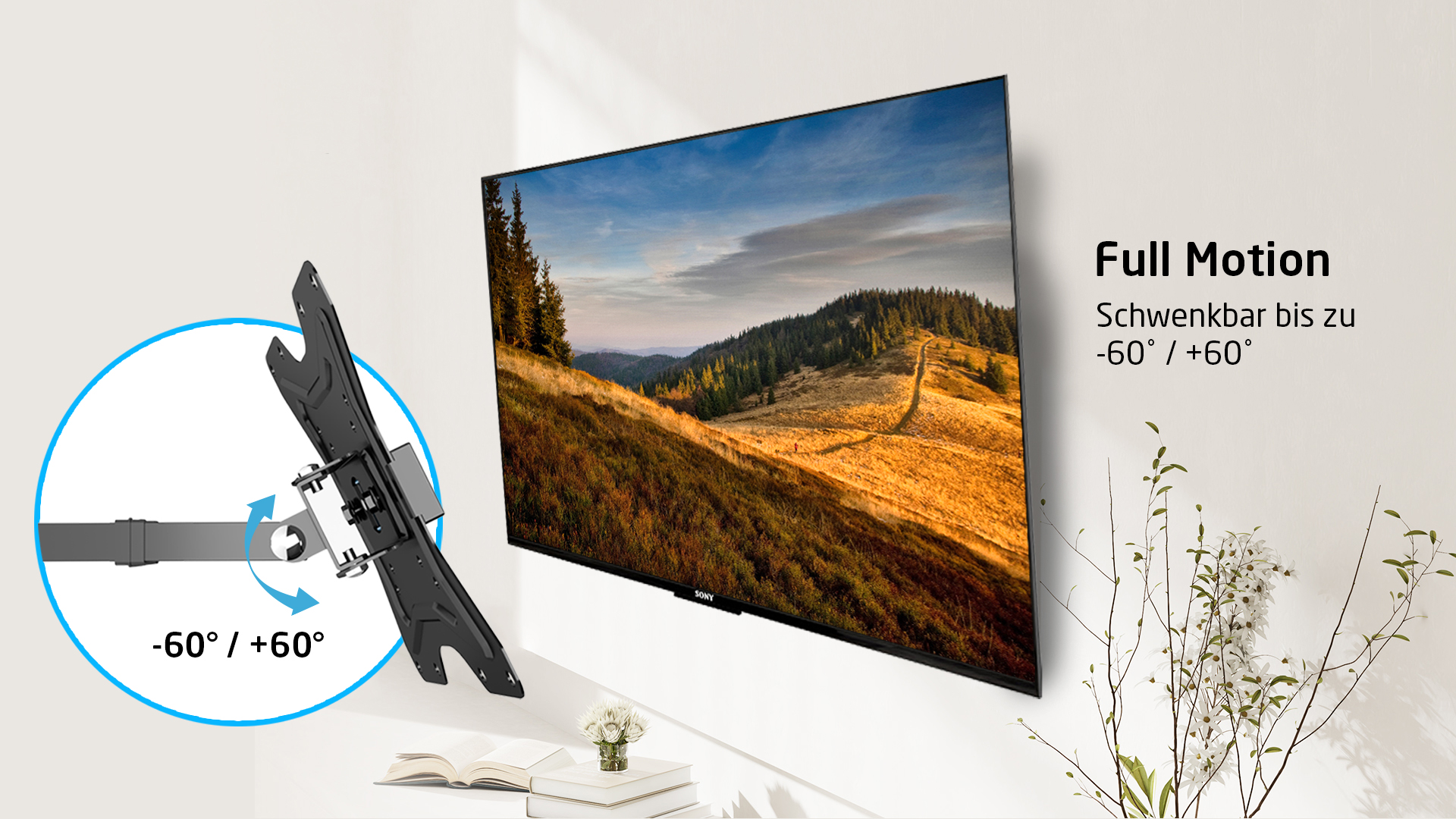 An der Wand montierter Fernseher, mit Halterung und Text. Landschaft im Hintergrund.