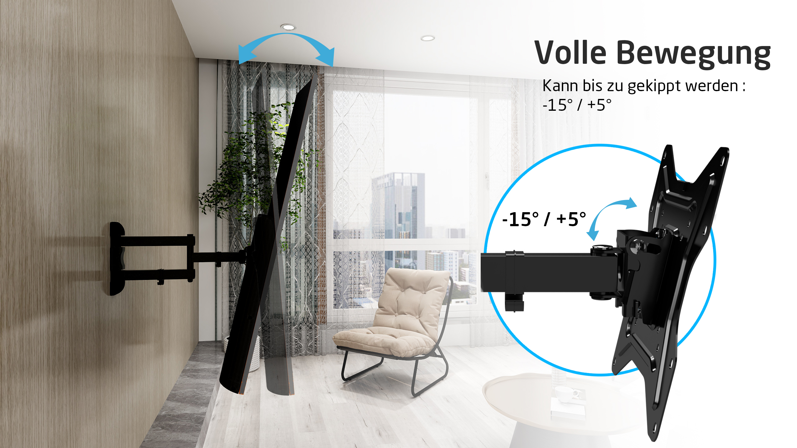 Fernseher an der Wand mit verstellbarem Arm. Pfeile zeigen den Bewegungsbereich an, -15° bis +5°.