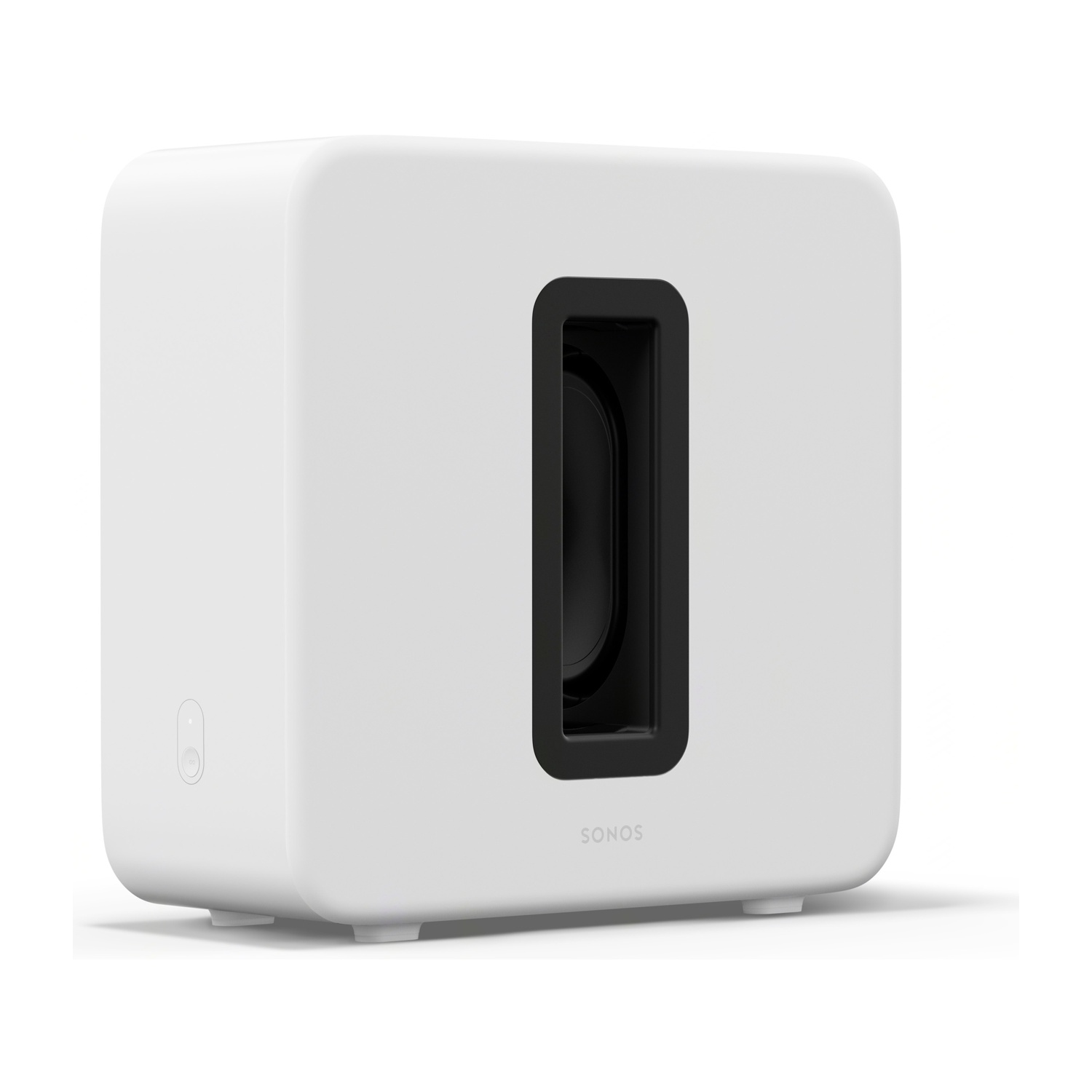 Un subwoofer bianco di forma rettangolare con un'apertura nera rettangolare.