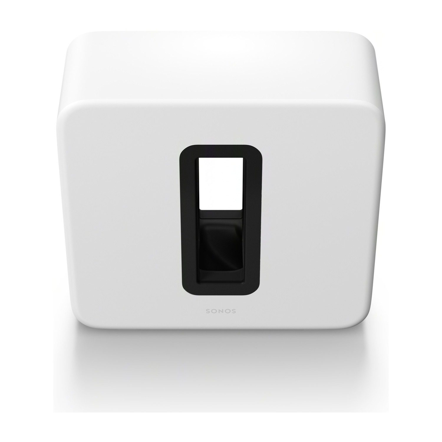 Subwoofer Sonos bianco con apertura rettangolare nera al centro.