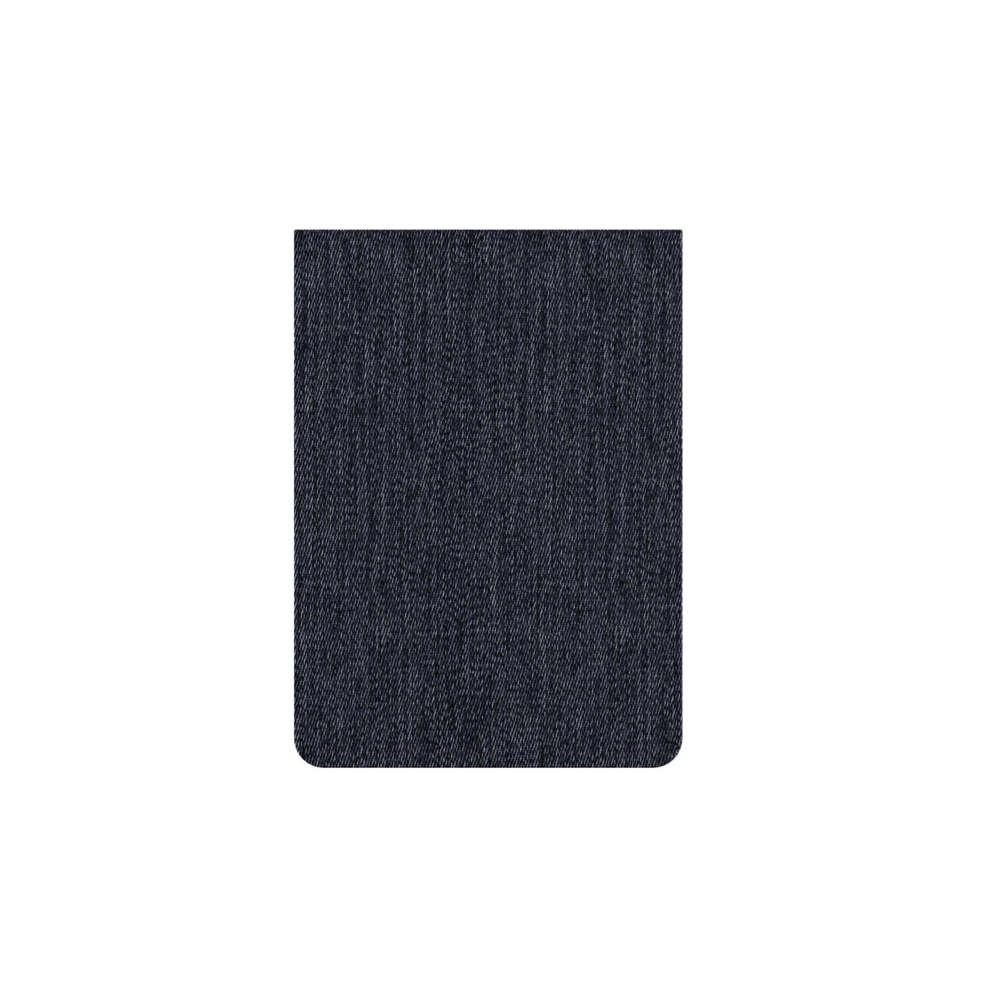 Eine dunkelblaue Jeansstoffstruktur auf weißem Hintergrund. Die Textur ist rechteckig.