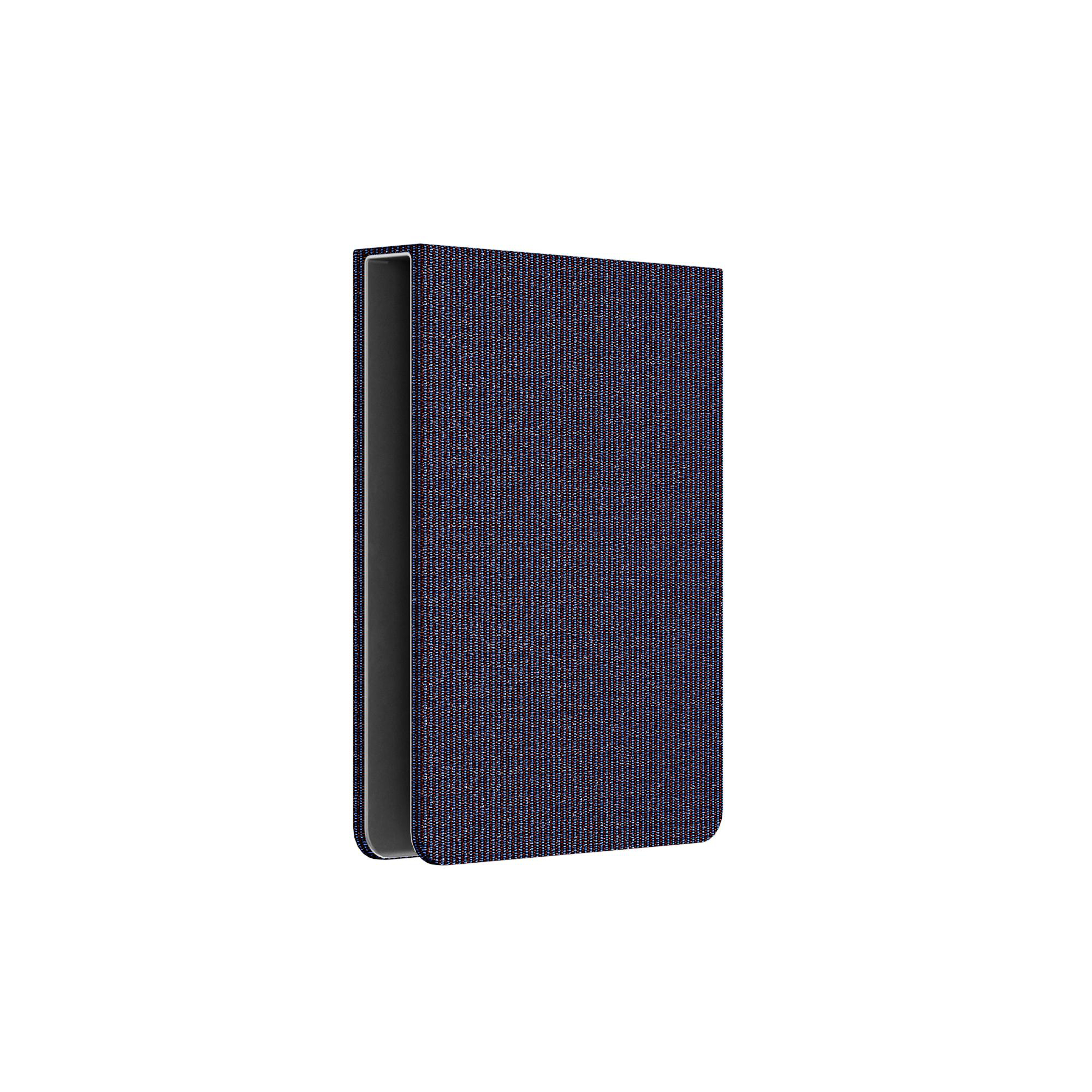 Ein geschlossener Buchumschlag mit dunkelblauem und rotem Muster.