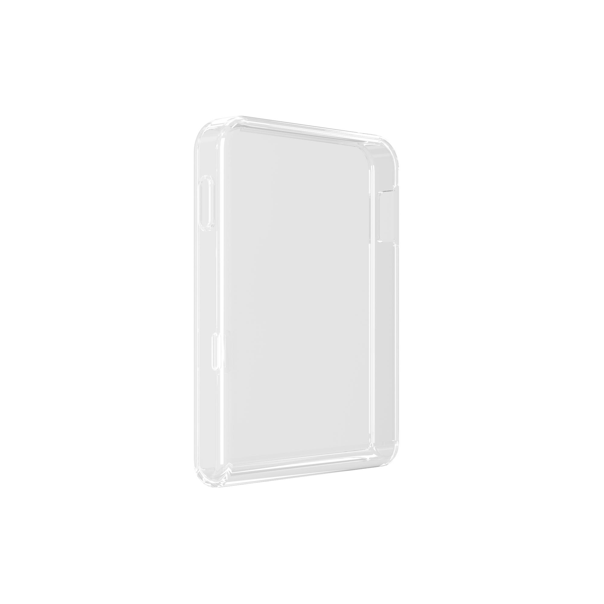 Eine transparente, rechteckige Telefonhülle, aufrecht stehend. Sie ist transparent und leer und zeigt ihre Form.