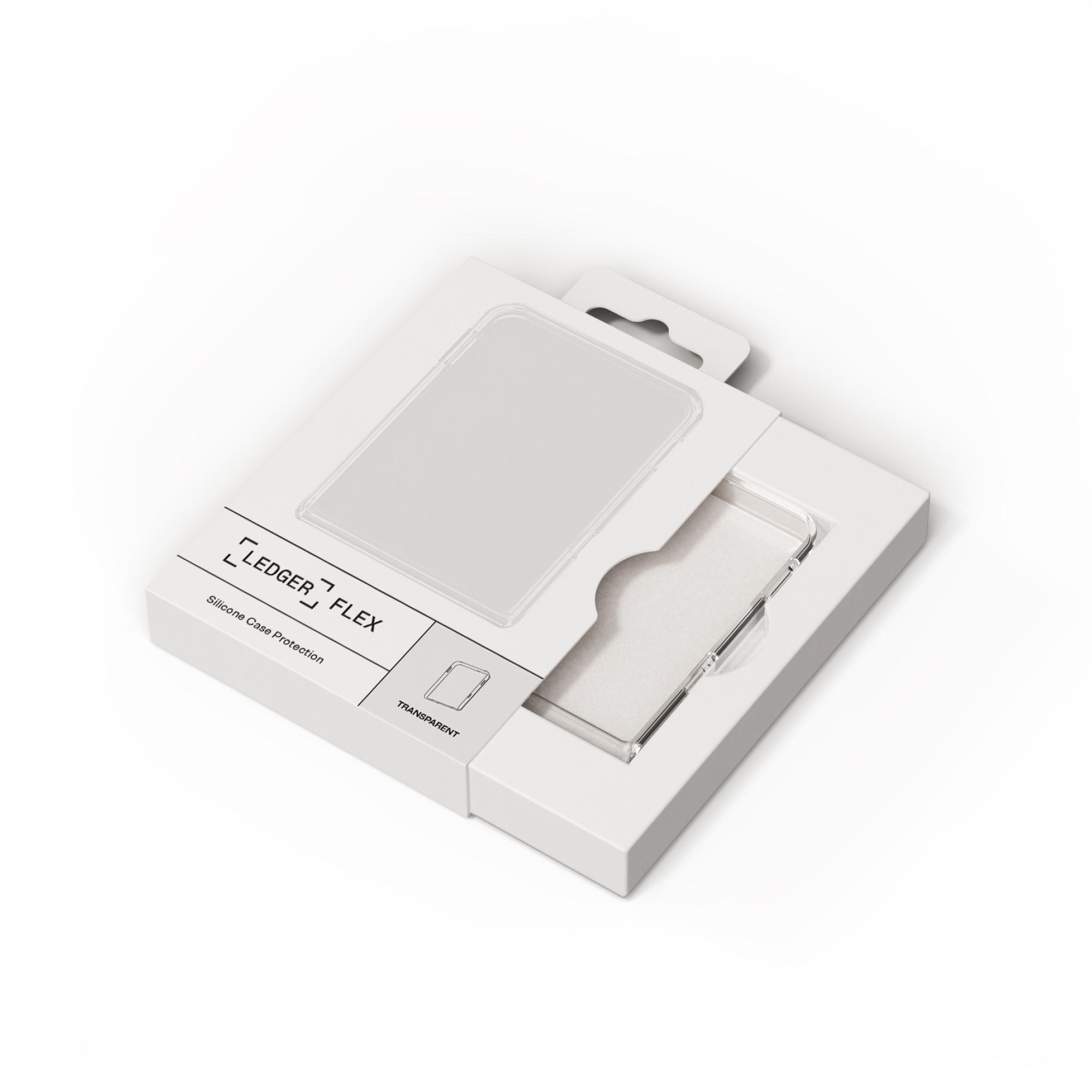 Weiße Ledger Flex Hüllenverpackung, Hülle innen, auf weißer Oberfläche, transparente Hülle.