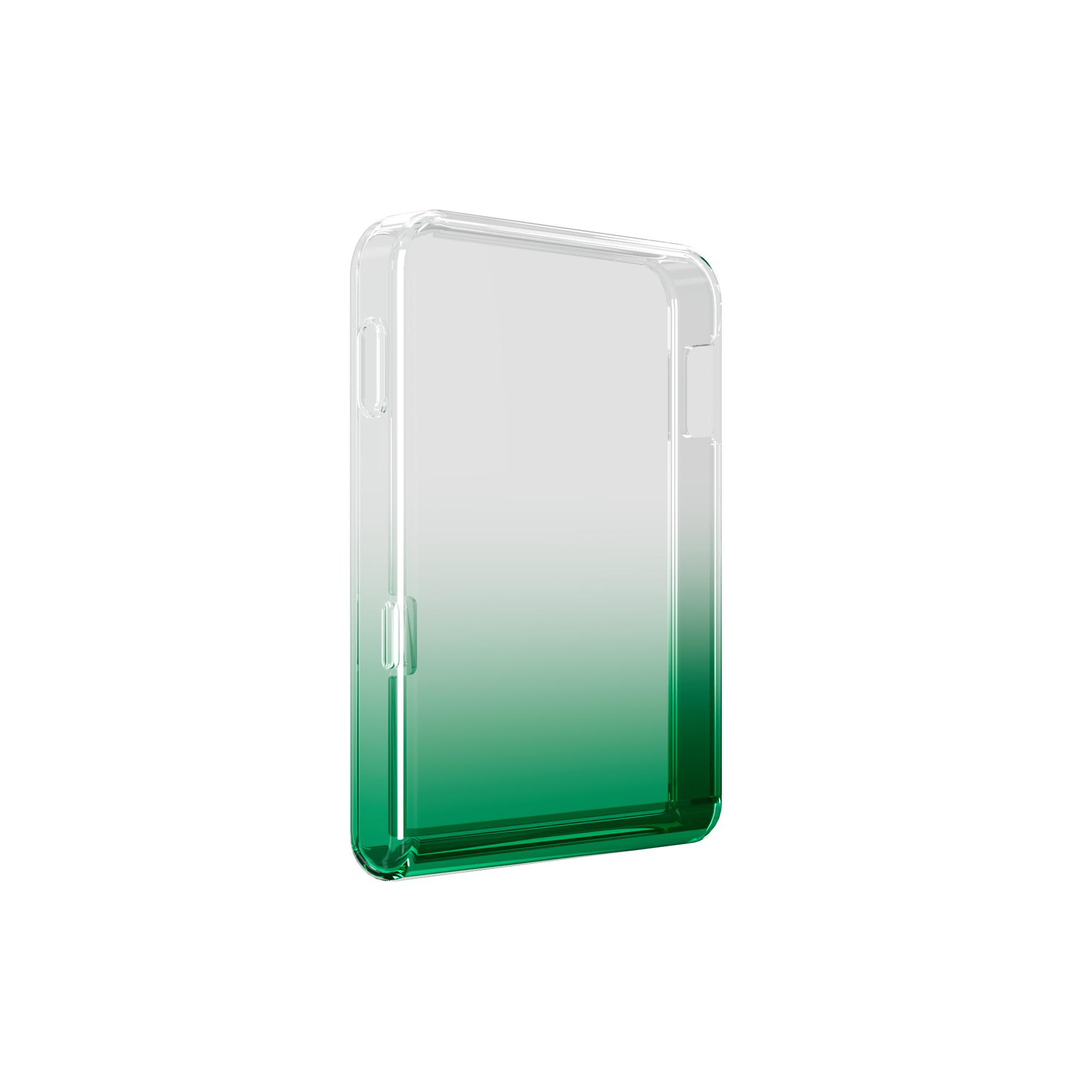 Transparente Handyhülle mit grünem Farbverlauf. Sie steht auf weißem Hintergrund.